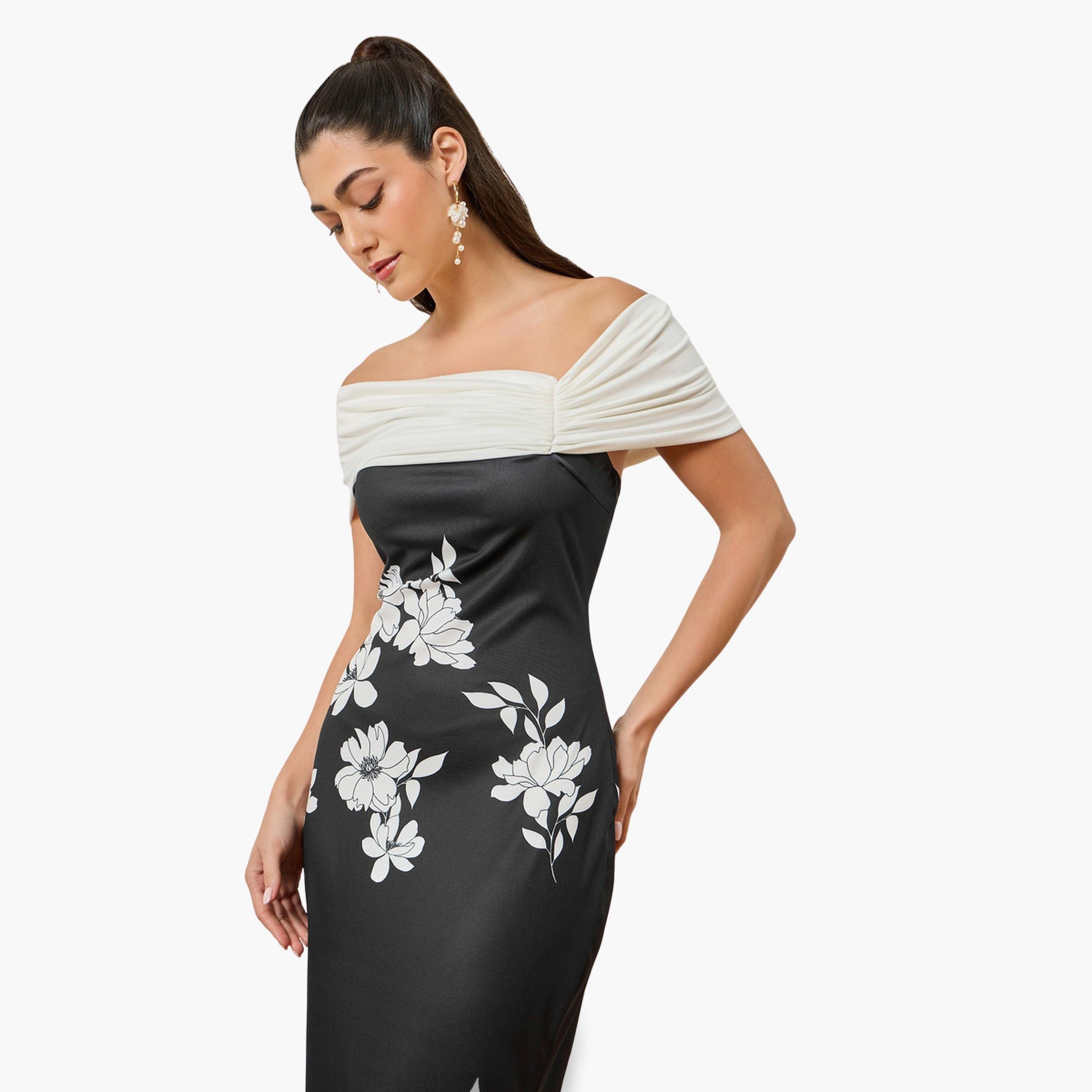 Styli Women Black Floral Print Off-Shoulder Maxi Dress-women-clothing-dresses-image-3
