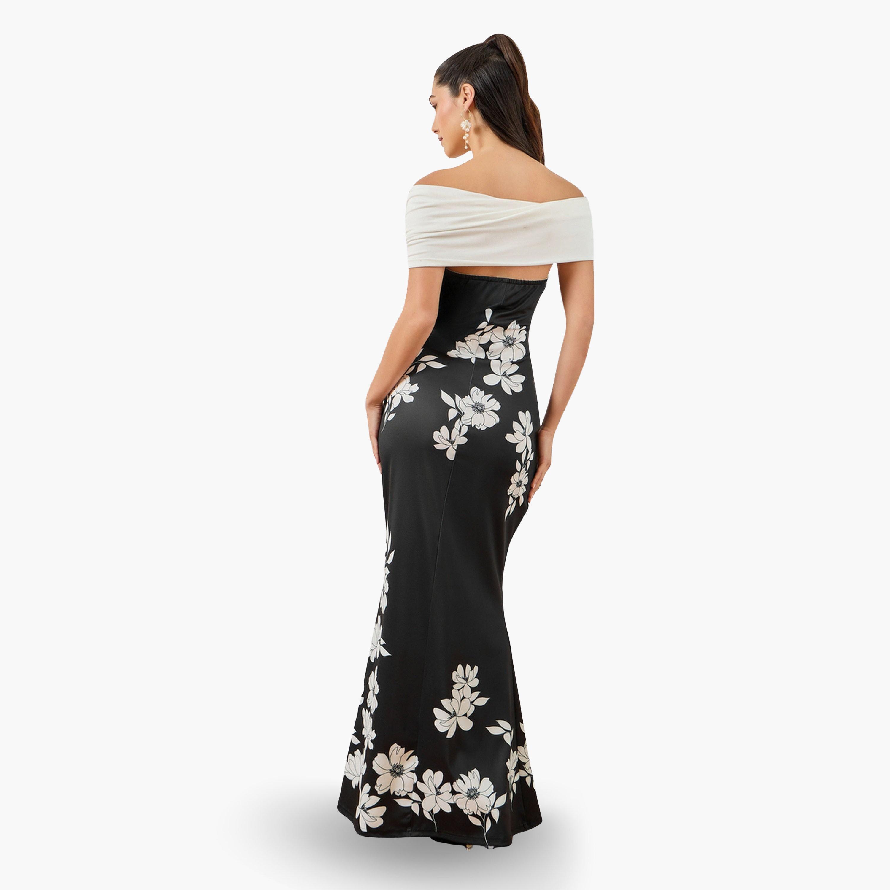 Styli Women Black Floral Print Off-Shoulder Maxi Dress-women-clothing-dresses-image-4
