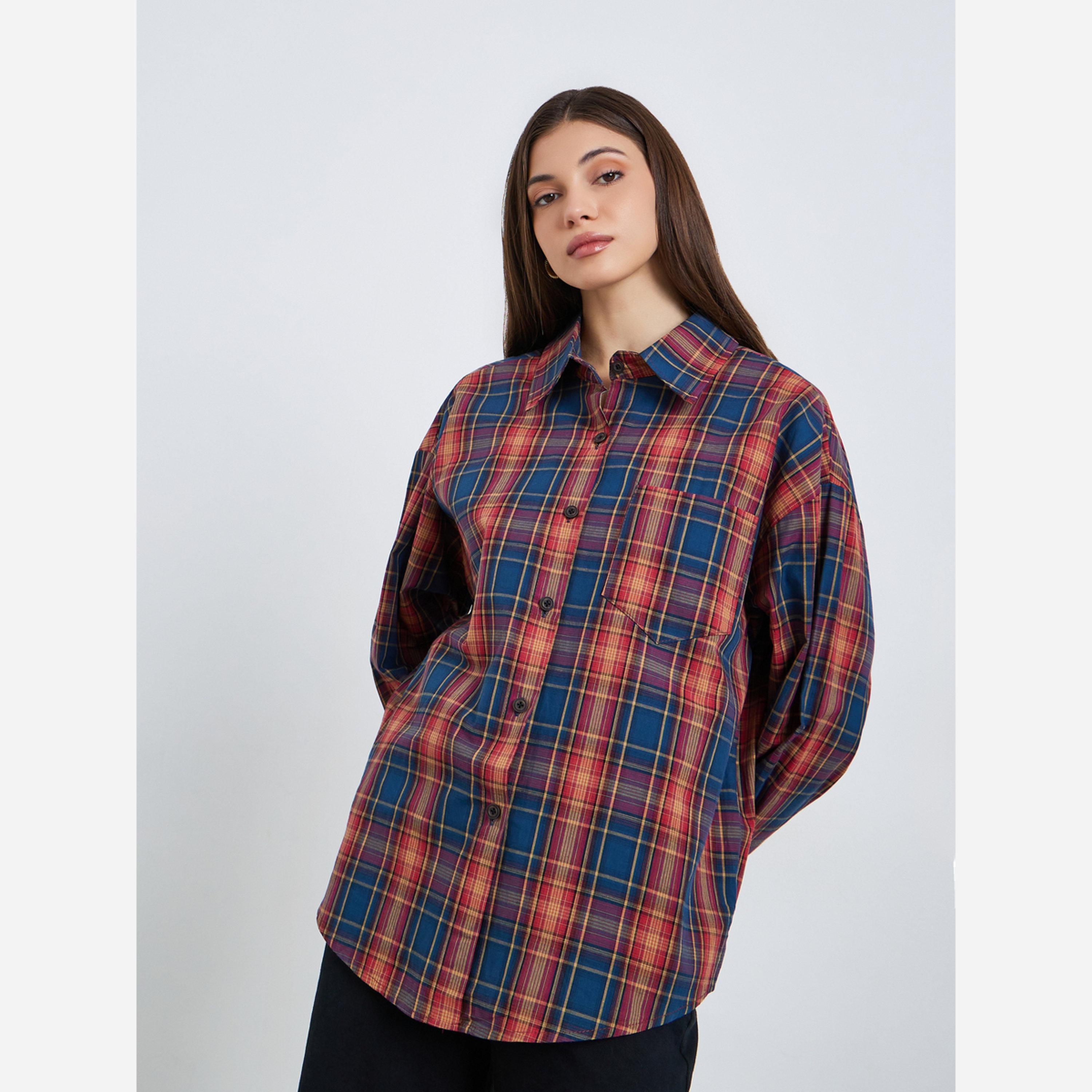 Styli Checked pattern, everyday loose and casual Oversized Shirt-women-clothing-shirtsandblouses-shirts-image-3
