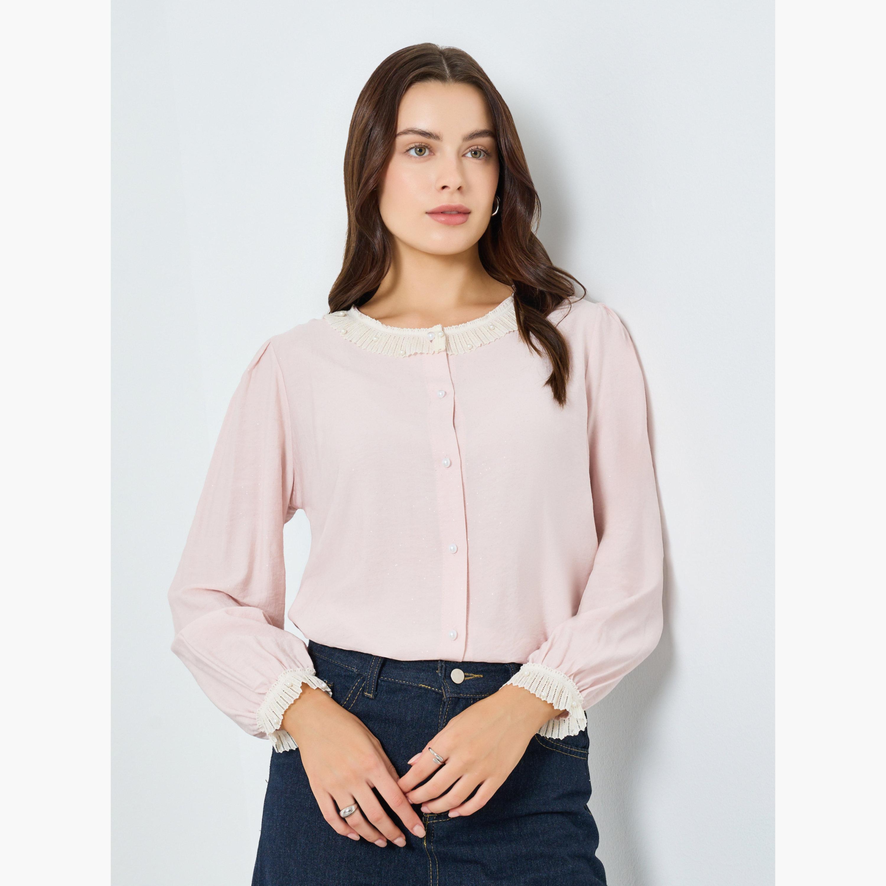 Styli Women Pink Lace Trim Long Sleeve Blouse-women-clothing-shirtsandblouses-blouses-image-1
