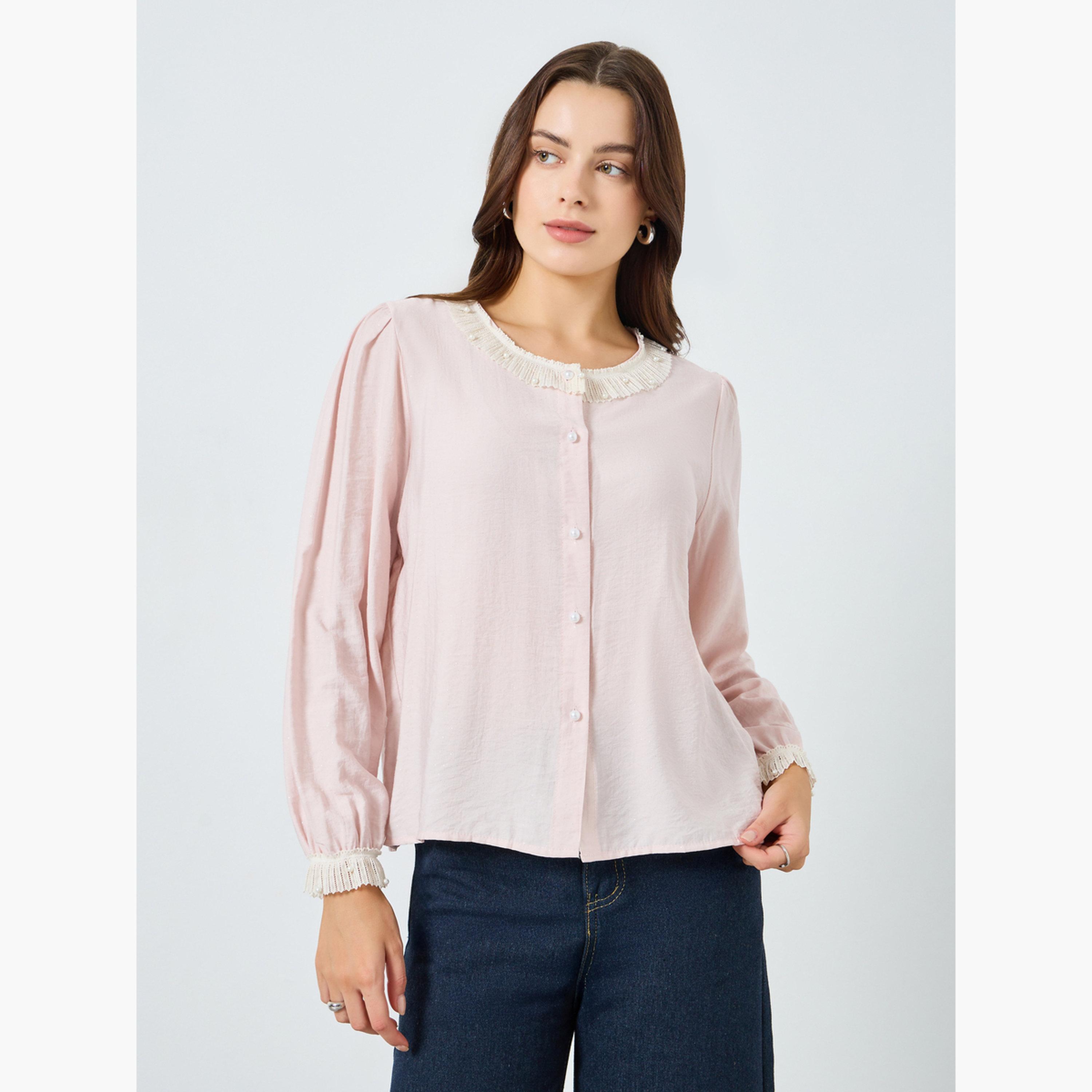Styli Women Pink Lace Trim Long Sleeve Blouse-women-clothing-shirtsandblouses-blouses-image-3