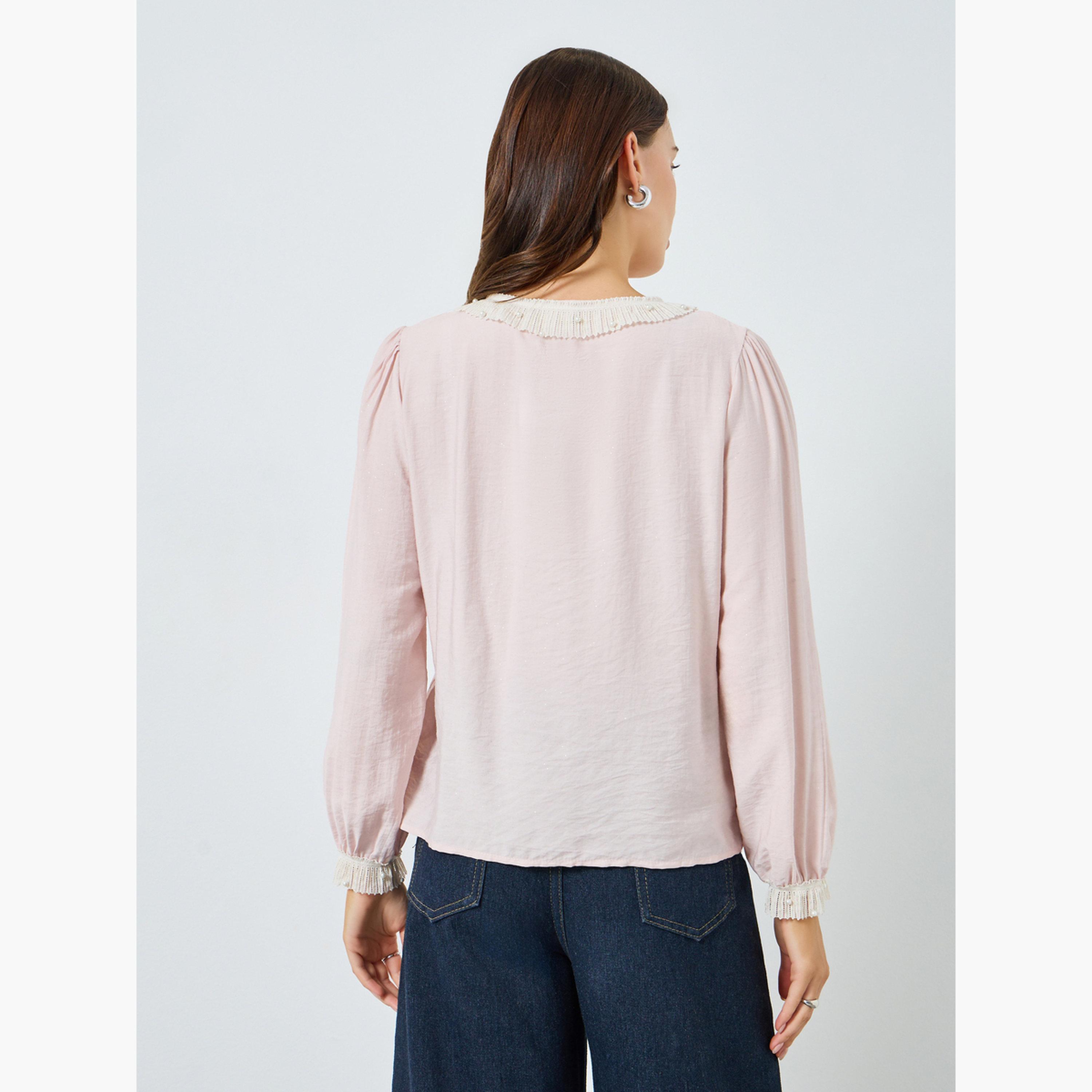 Styli Women Pink Lace Trim Long Sleeve Blouse-women-clothing-shirtsandblouses-blouses-image-5