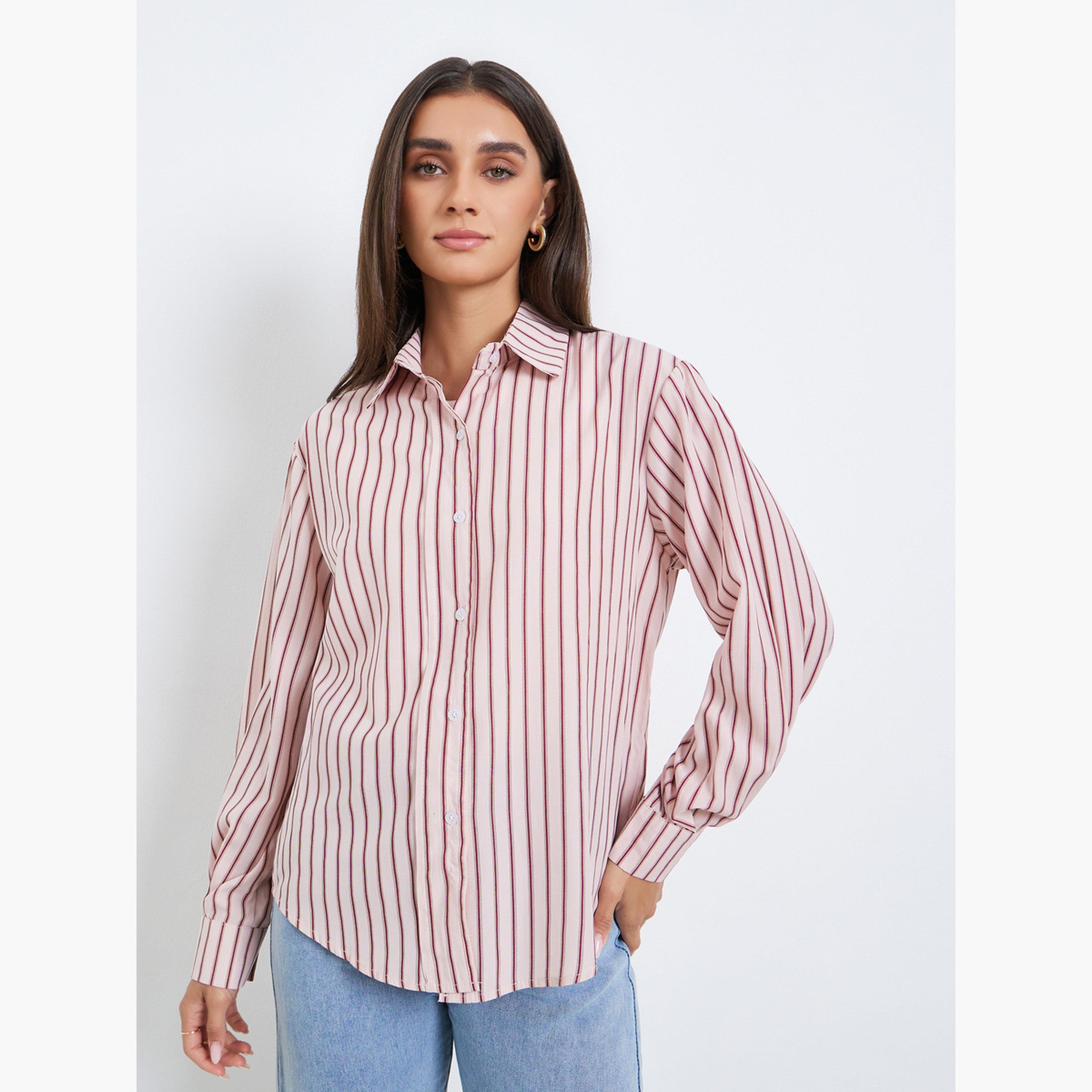 Styli Pink Striped Long Sleeve Shirt-women-clothing-shirtsandblouses-shirts-image-1