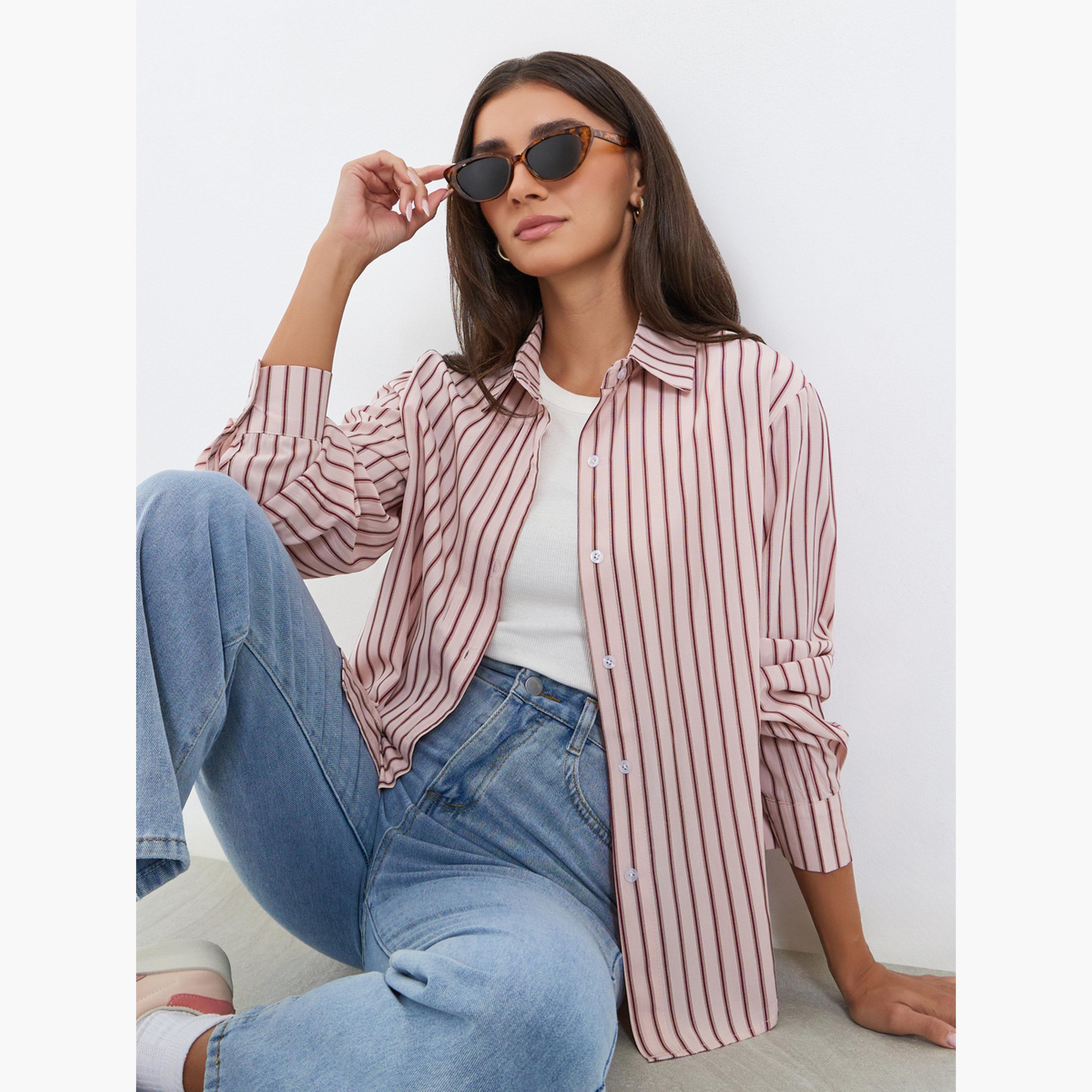 Styli Pink Striped Long Sleeve Shirt-women-clothing-shirtsandblouses-shirts-image-3
