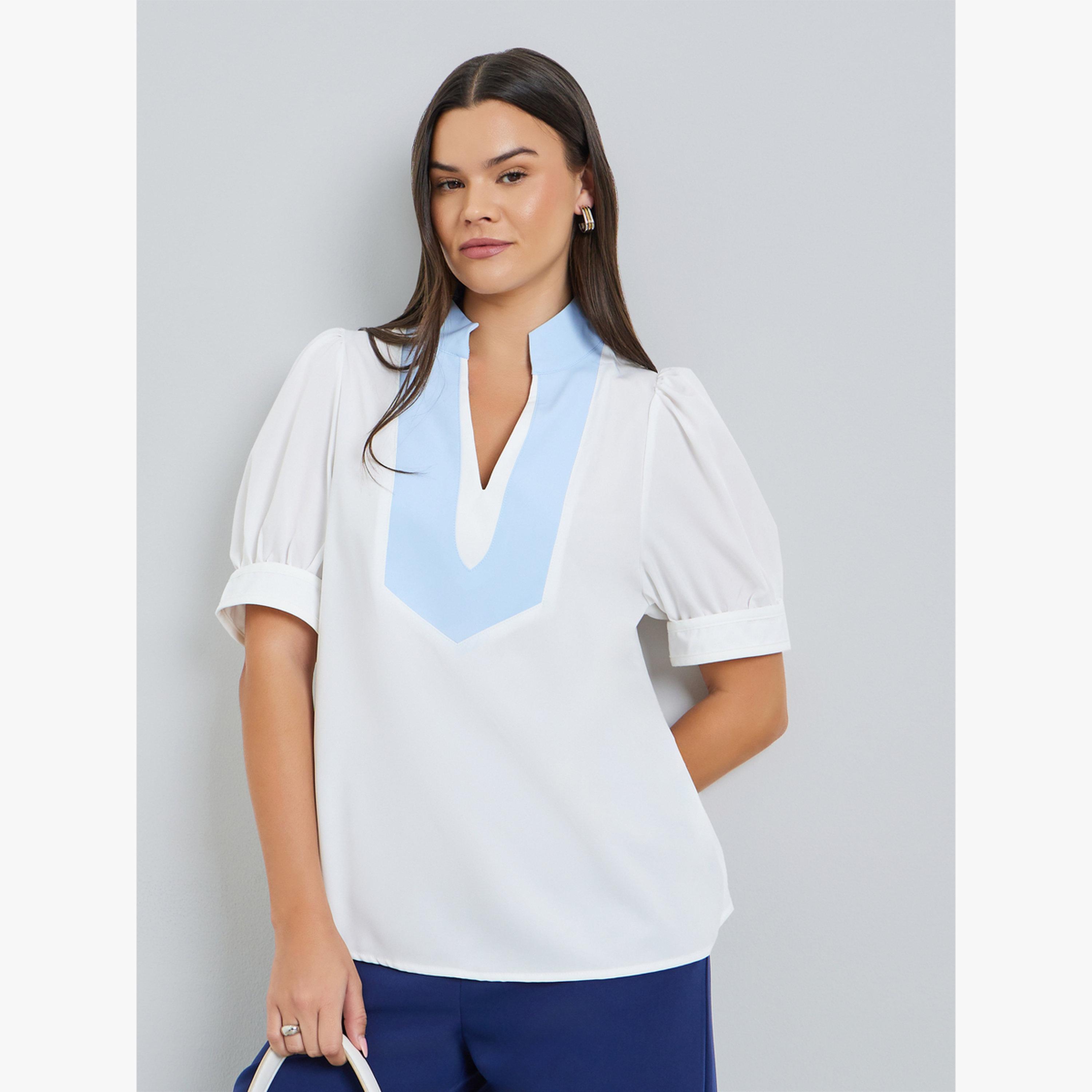 بلوزة بياقة متباينة وأكمام منفوخة-women-clothing-shirtsandblouses-blouses-image-1