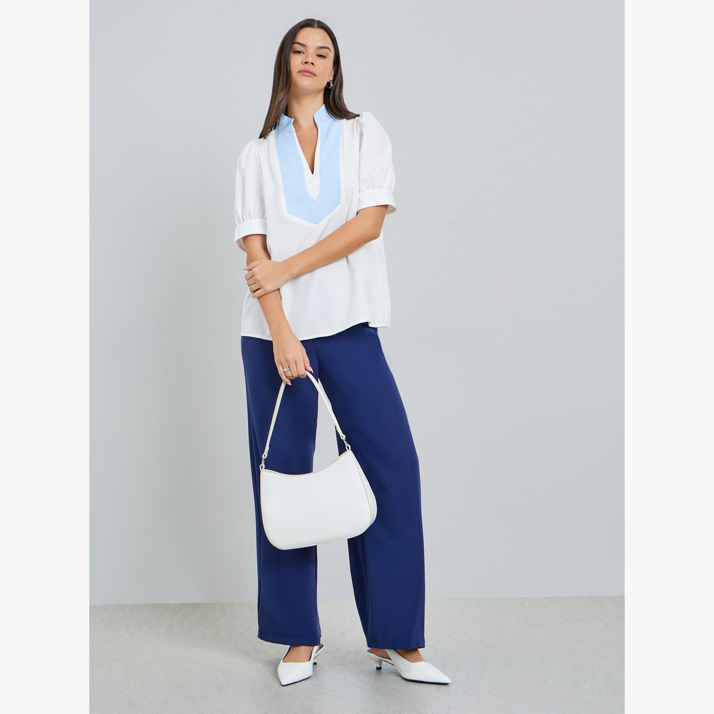 بلوزة بياقة متباينة وأكمام منفوخة-women-clothing-shirtsandblouses-blouses-image-2
