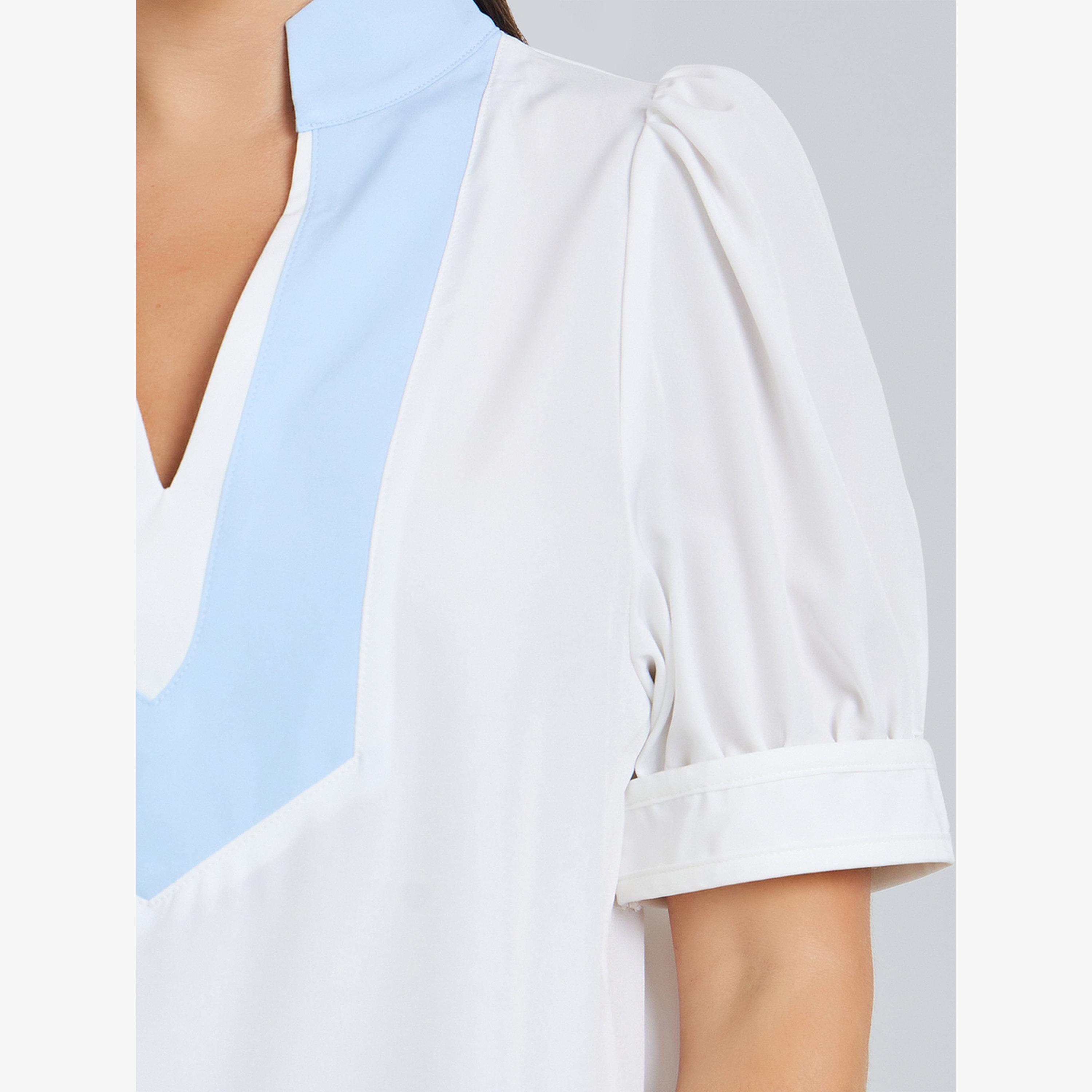 بلوزة بياقة متباينة وأكمام منفوخة-women-clothing-shirtsandblouses-blouses-image-4