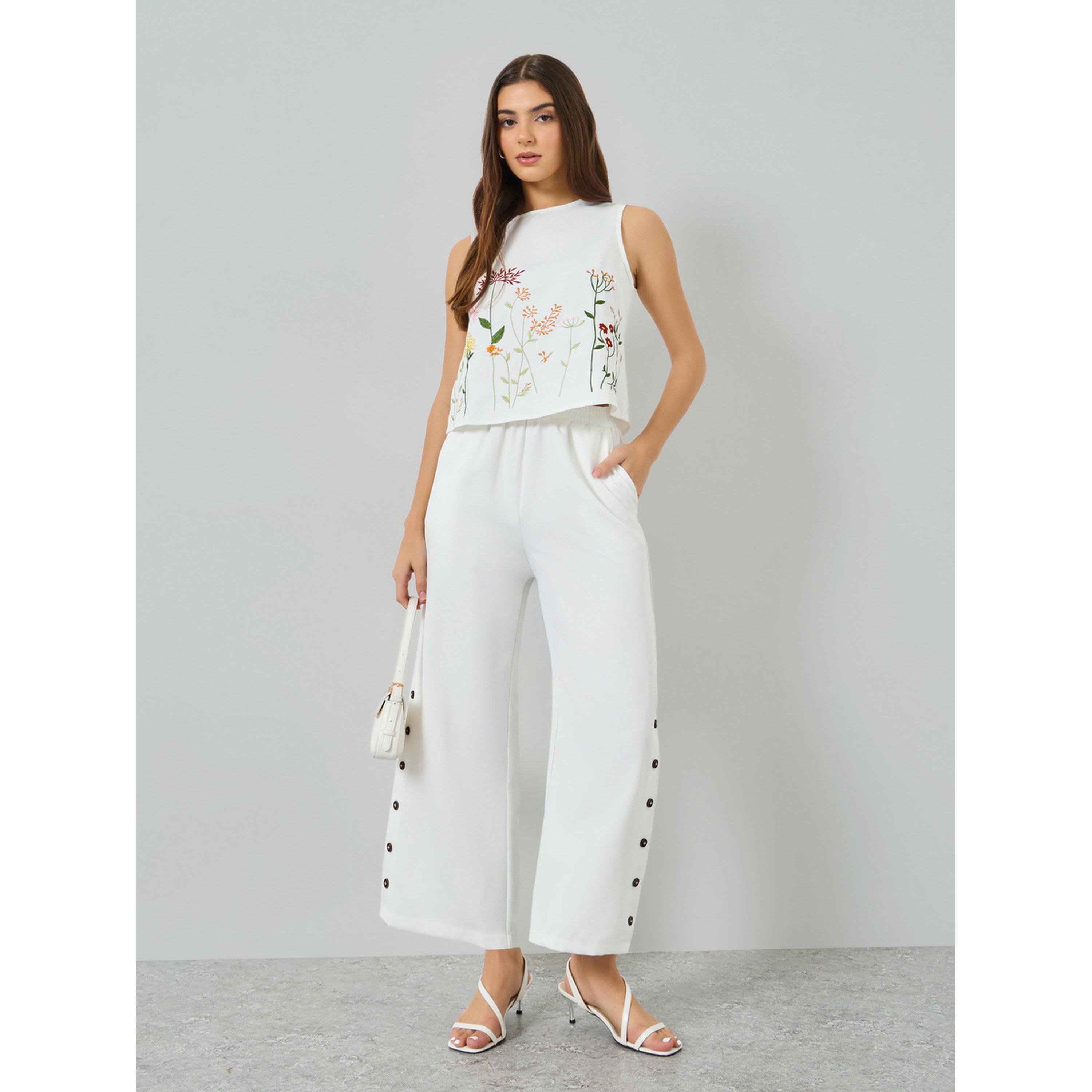 Take Two White Floral Embroidered Top and Button Detail Pants Co-Ords-women-clothing-coordsets-image-1