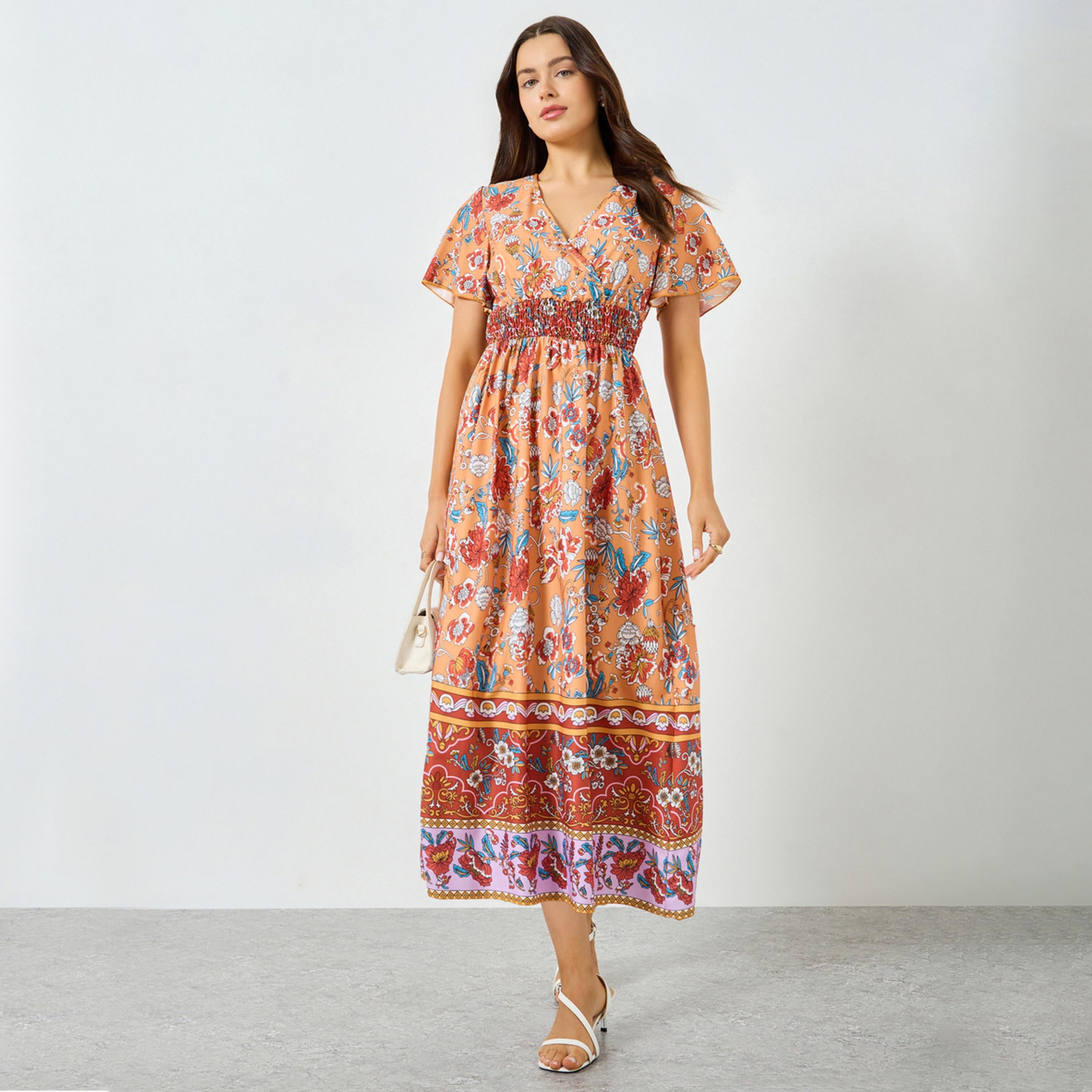 تيك تو - فستان ميدي مطبوع بالكامل بخصر مطاطي-women-clothing-dresses-image-1