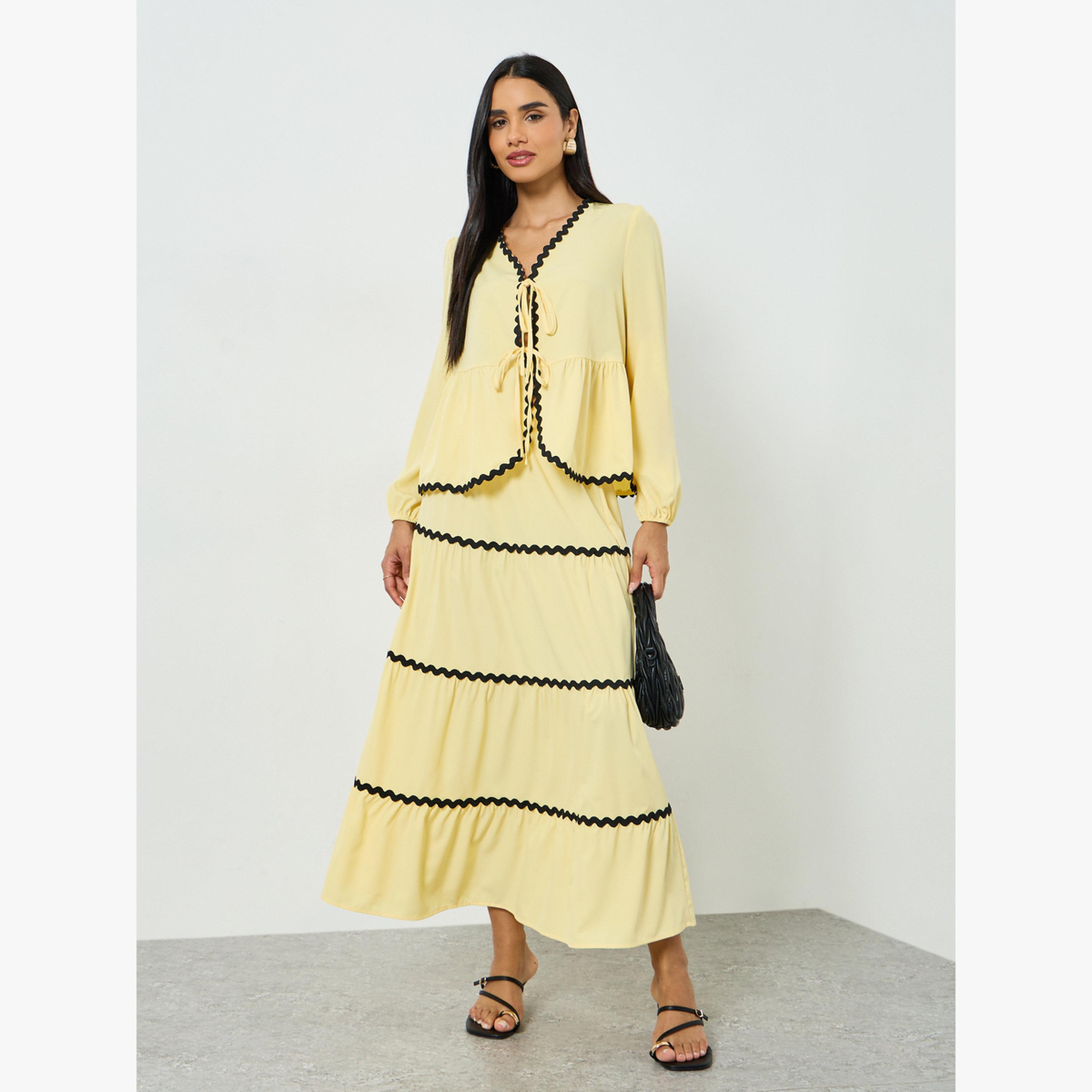 Take Two Yellow Ric-Rac Trim Tie-Up Top and Tiered Maxi Skirt Co-ords-women-clothing-coordsets-image-1