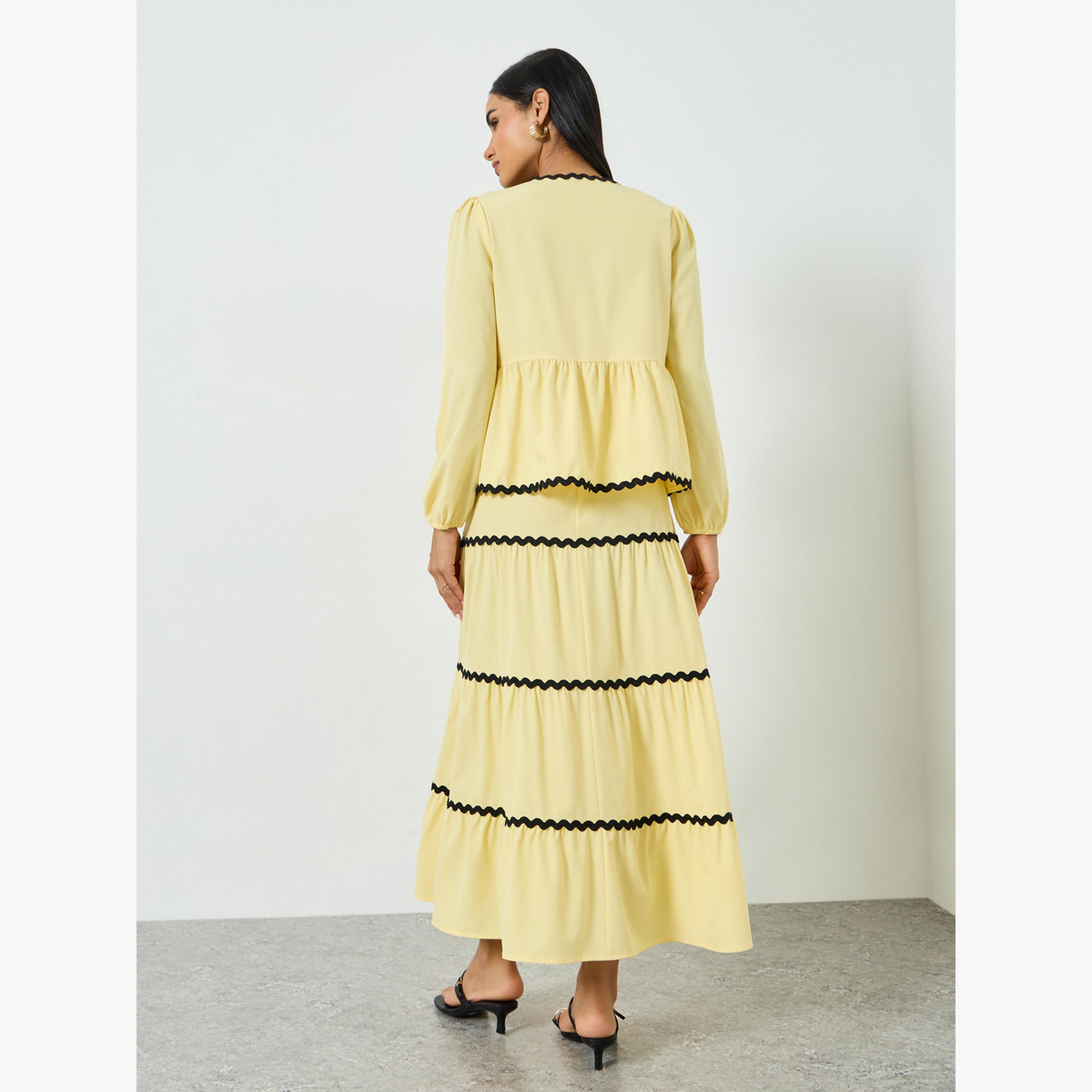 Take Two Yellow Ric-Rac Trim Tie-Up Top and Tiered Maxi Skirt Co-ords-women-clothing-coordsets-image-3
