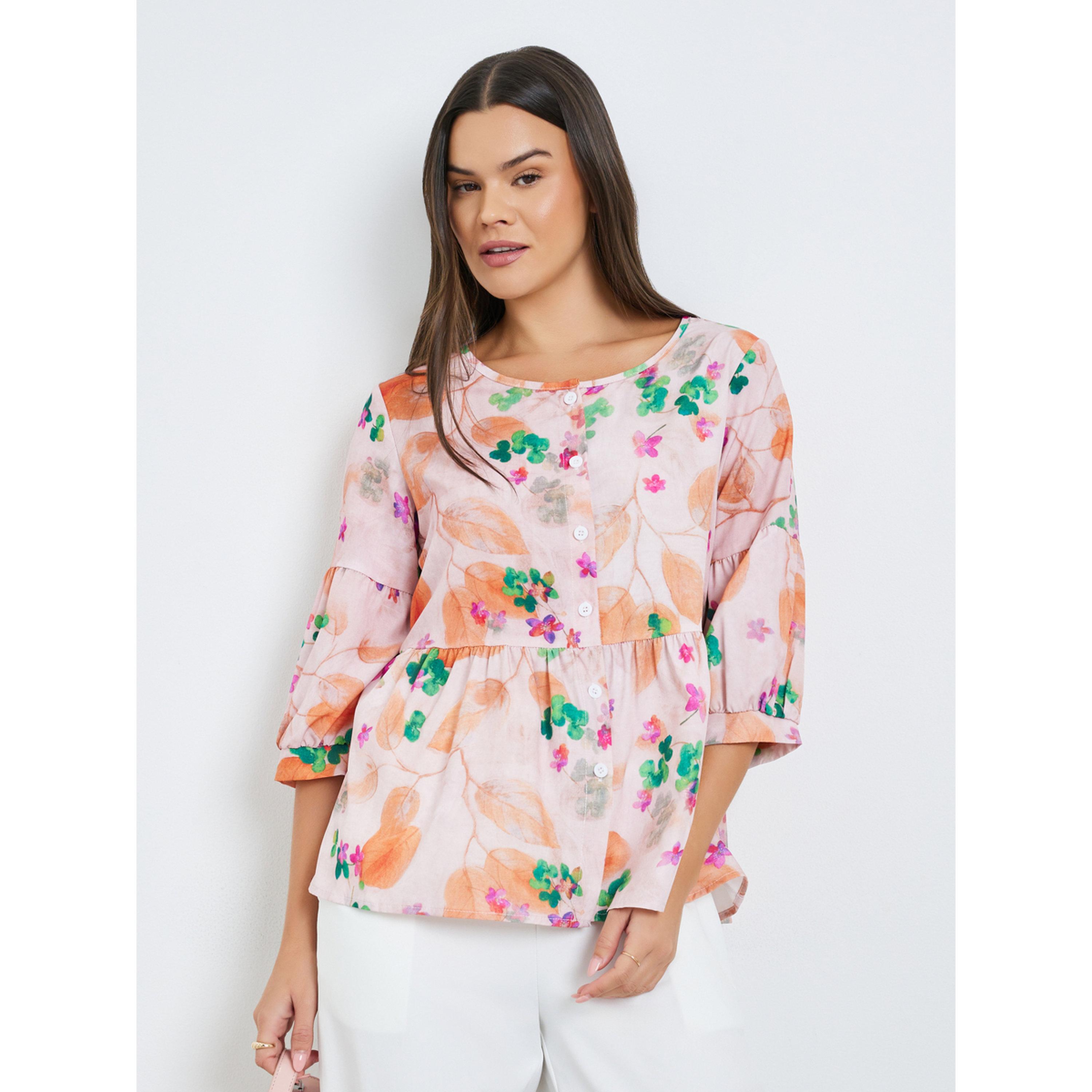 بلوزة بأكمام 3/4 وطبعة زهور-women-clothing-shirtsandblouses-blouses-image-1