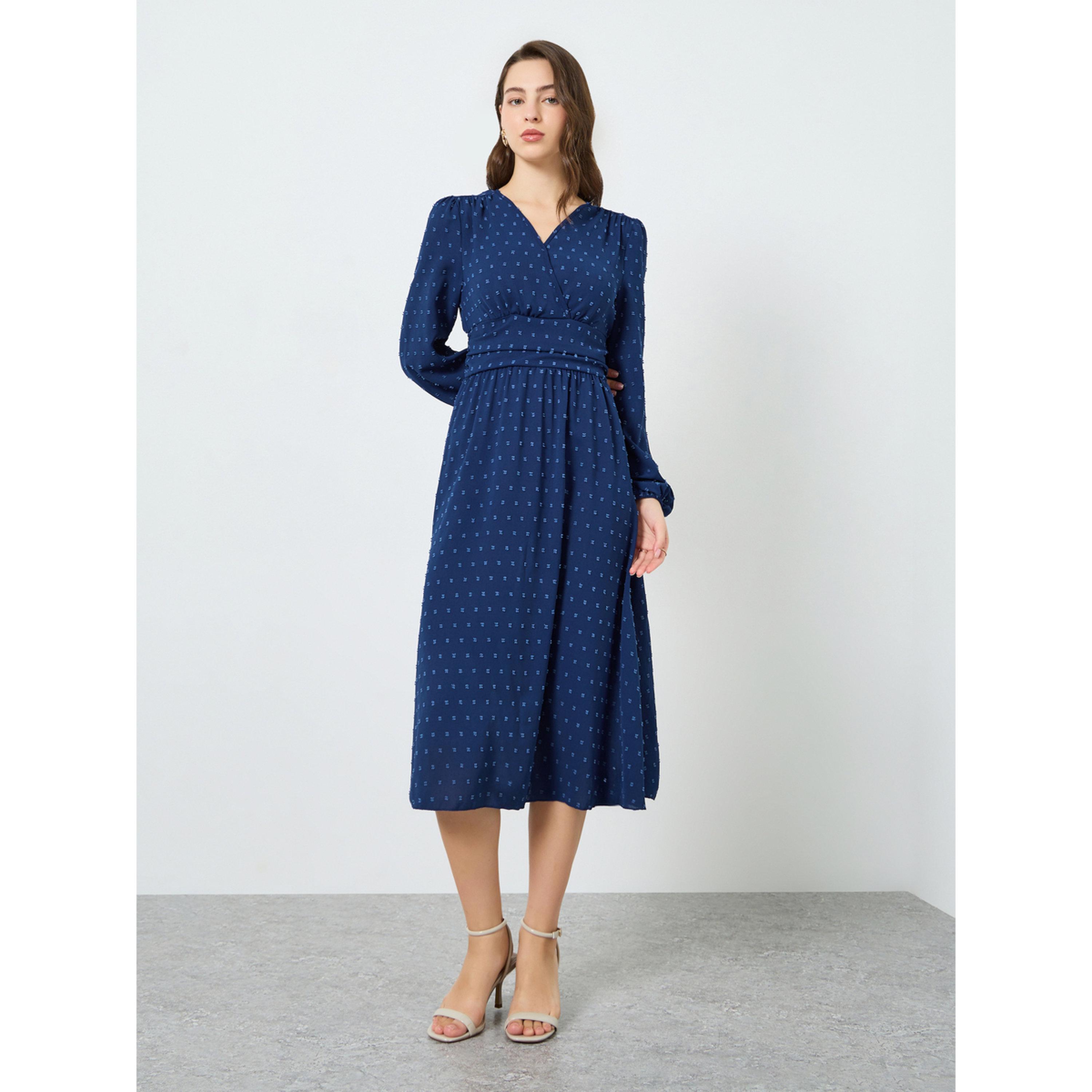 فستان ميدي بتفاصيل بارزة الملمس وأكمام بالون-women-clothing-dresses-image-1