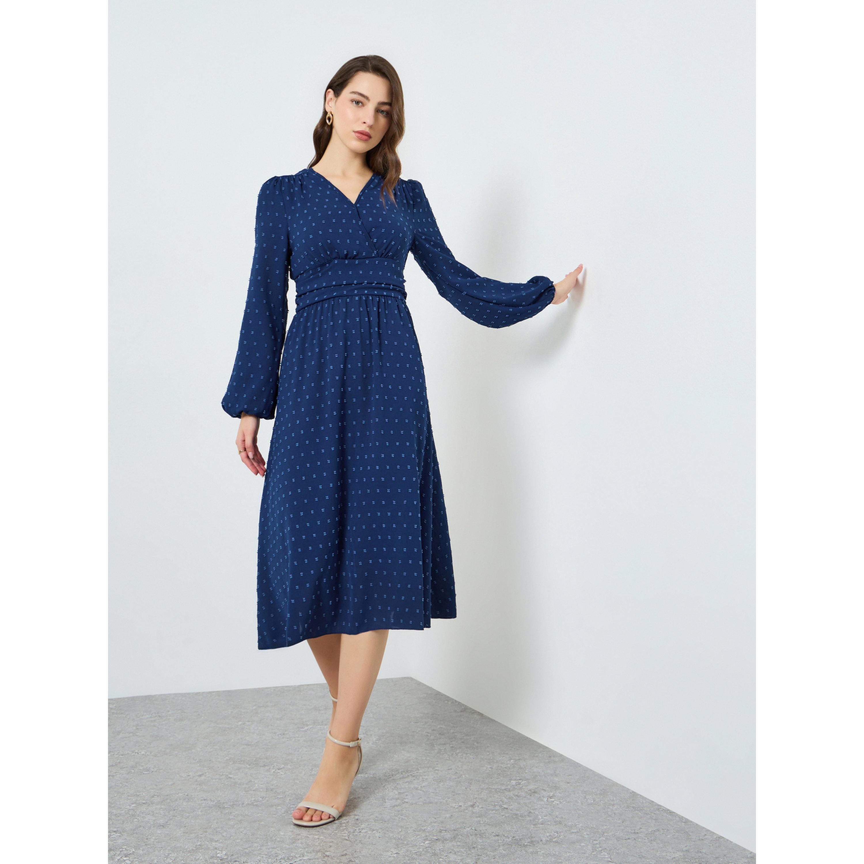 فستان ميدي بتفاصيل بارزة الملمس وأكمام بالون-women-clothing-dresses-image-3