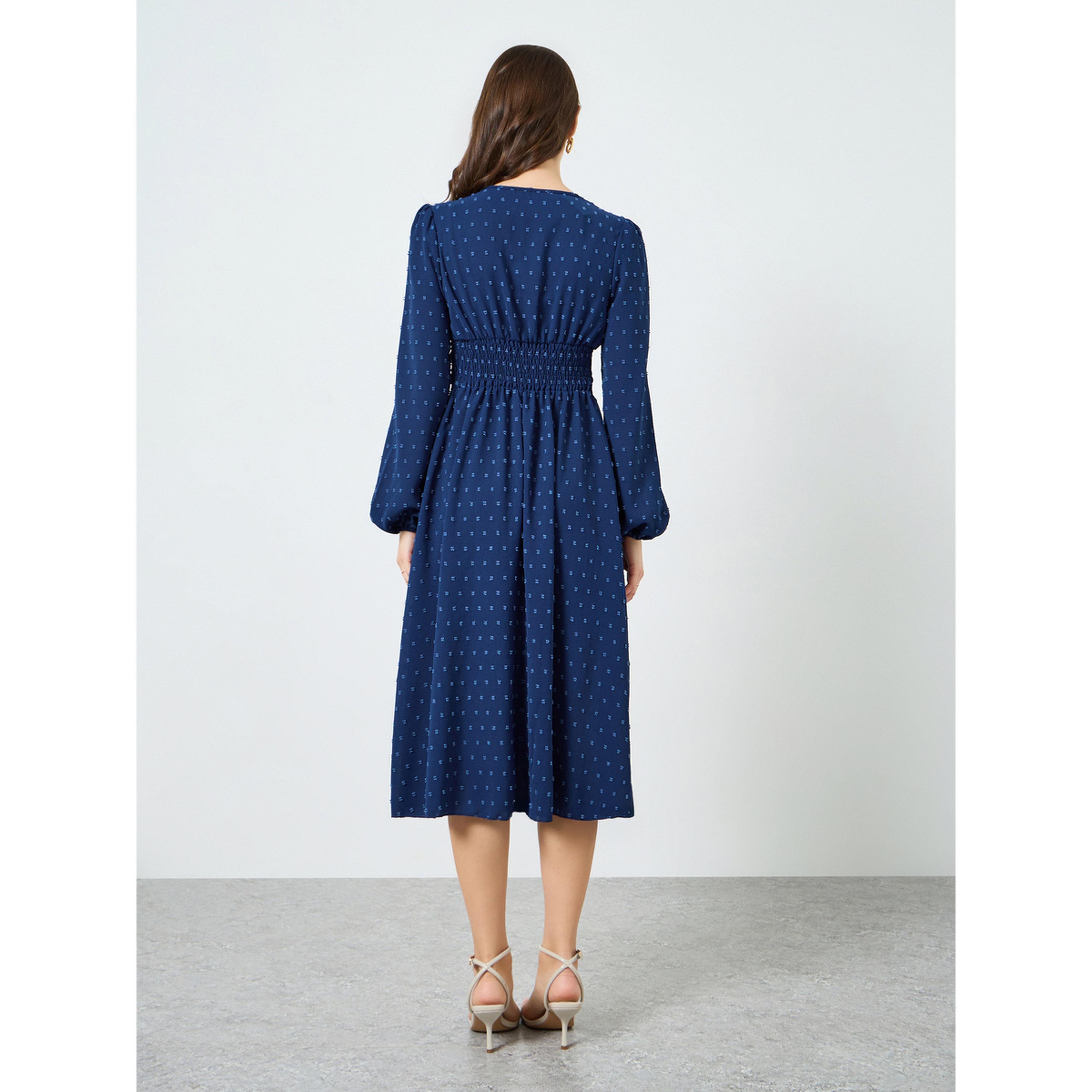فستان ميدي بتفاصيل بارزة الملمس وأكمام بالون-women-clothing-dresses-image-4