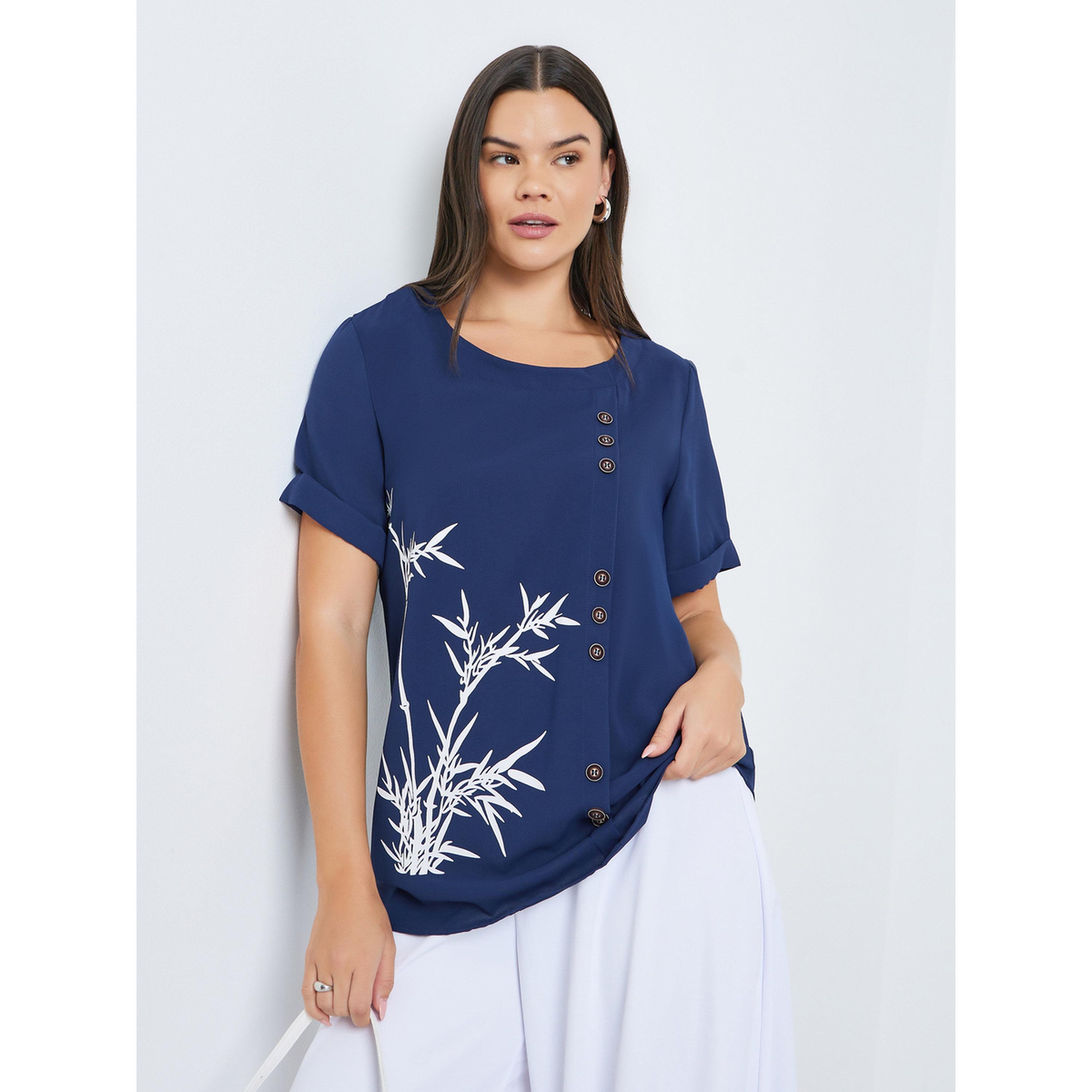 Take Two women's graphic print round neck short sleeve button detail top-women-clothing-shirtsandblouses-blouses-image-1