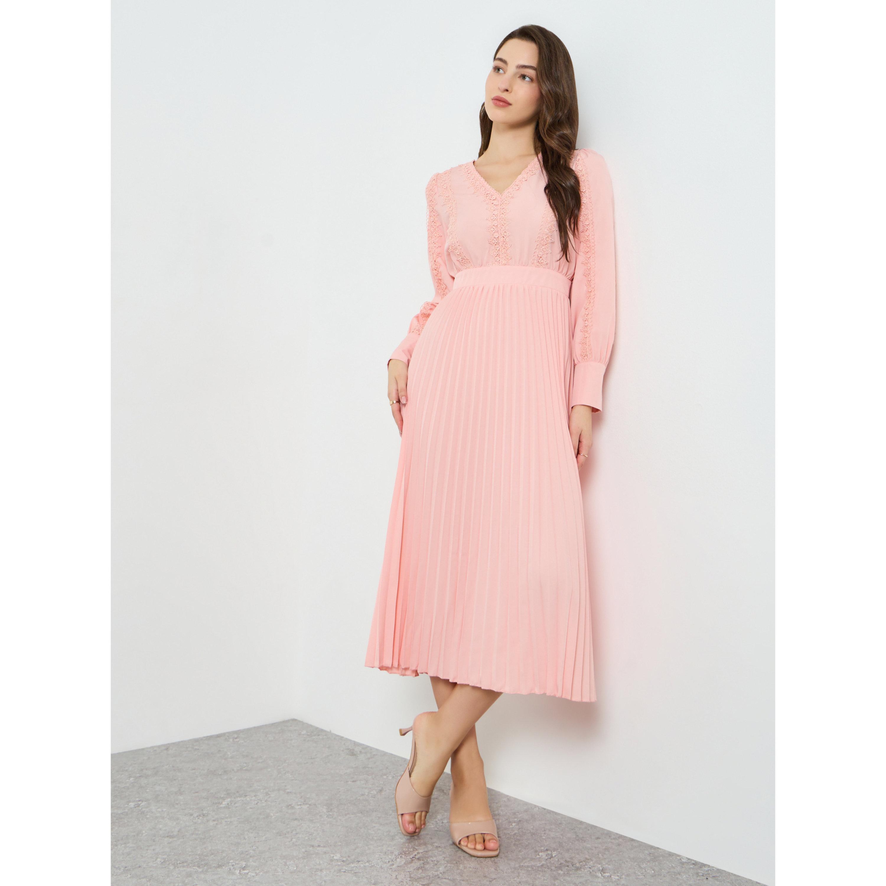 فستان ميدي بكسرات وتفاصيل دانتيل-women-clothing-dresses-image-1