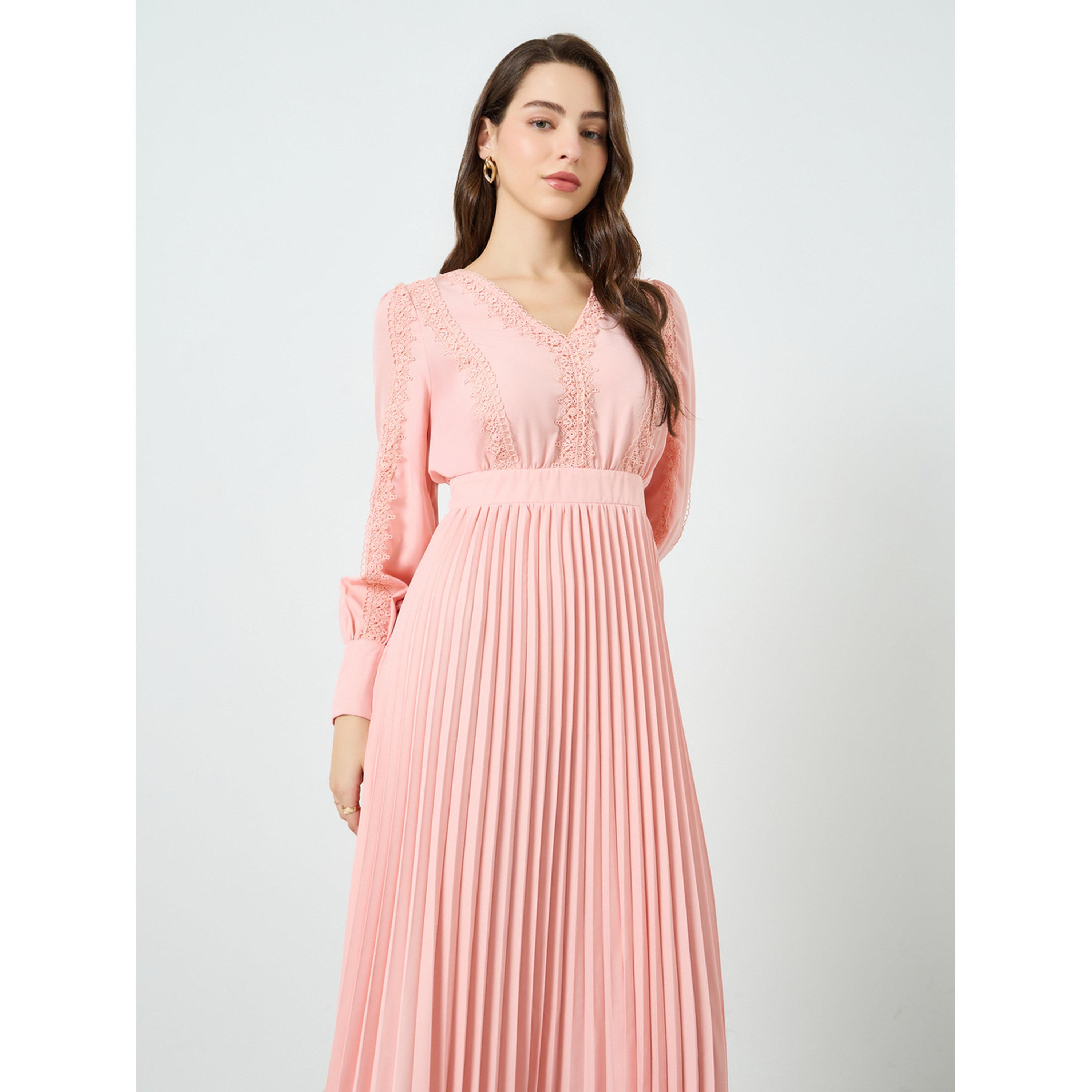 فستان ميدي بكسرات وتفاصيل دانتيل-women-clothing-dresses-image-2