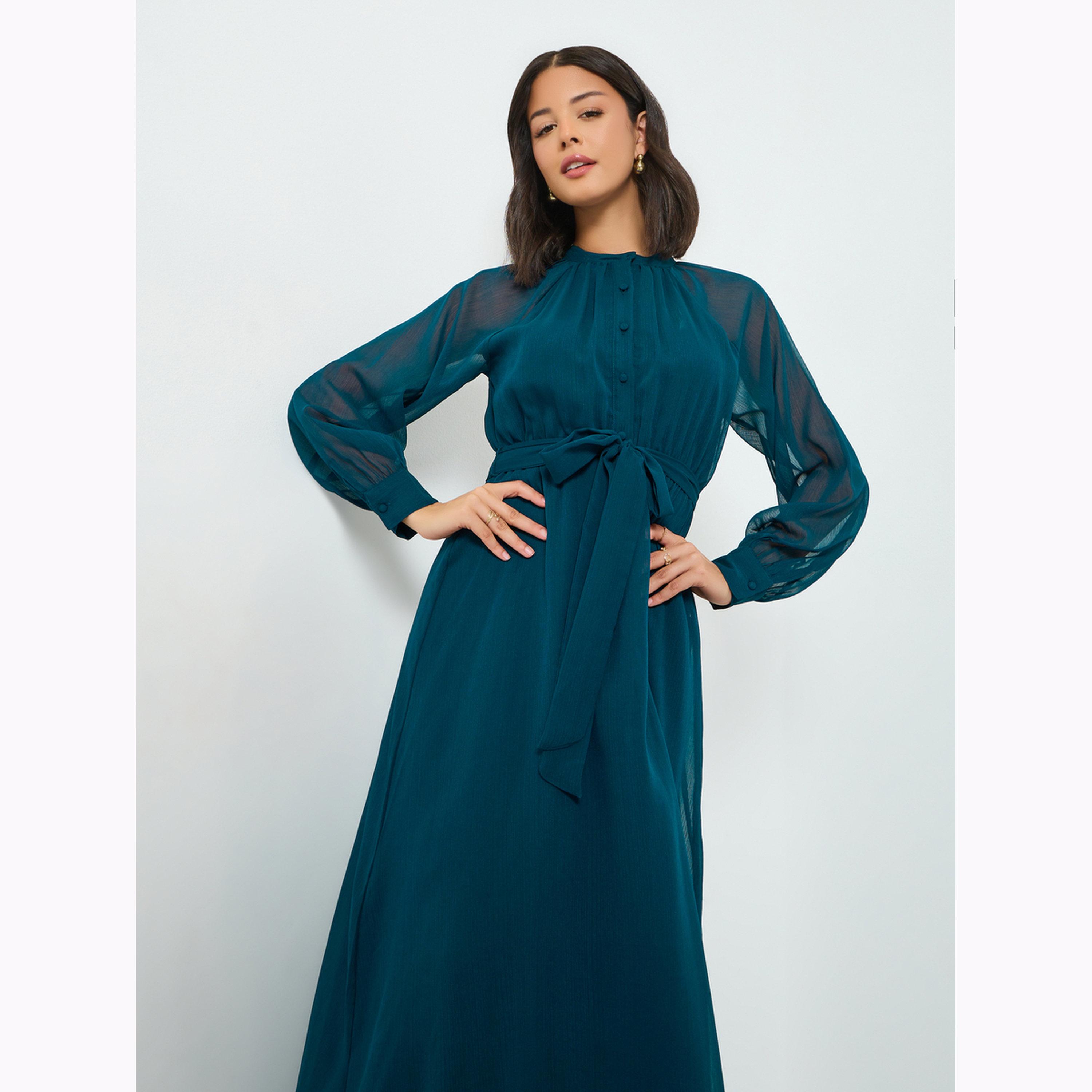 فستان طويل بحافة واسعة وحزام يربط-women-clothing-dresses-image-2