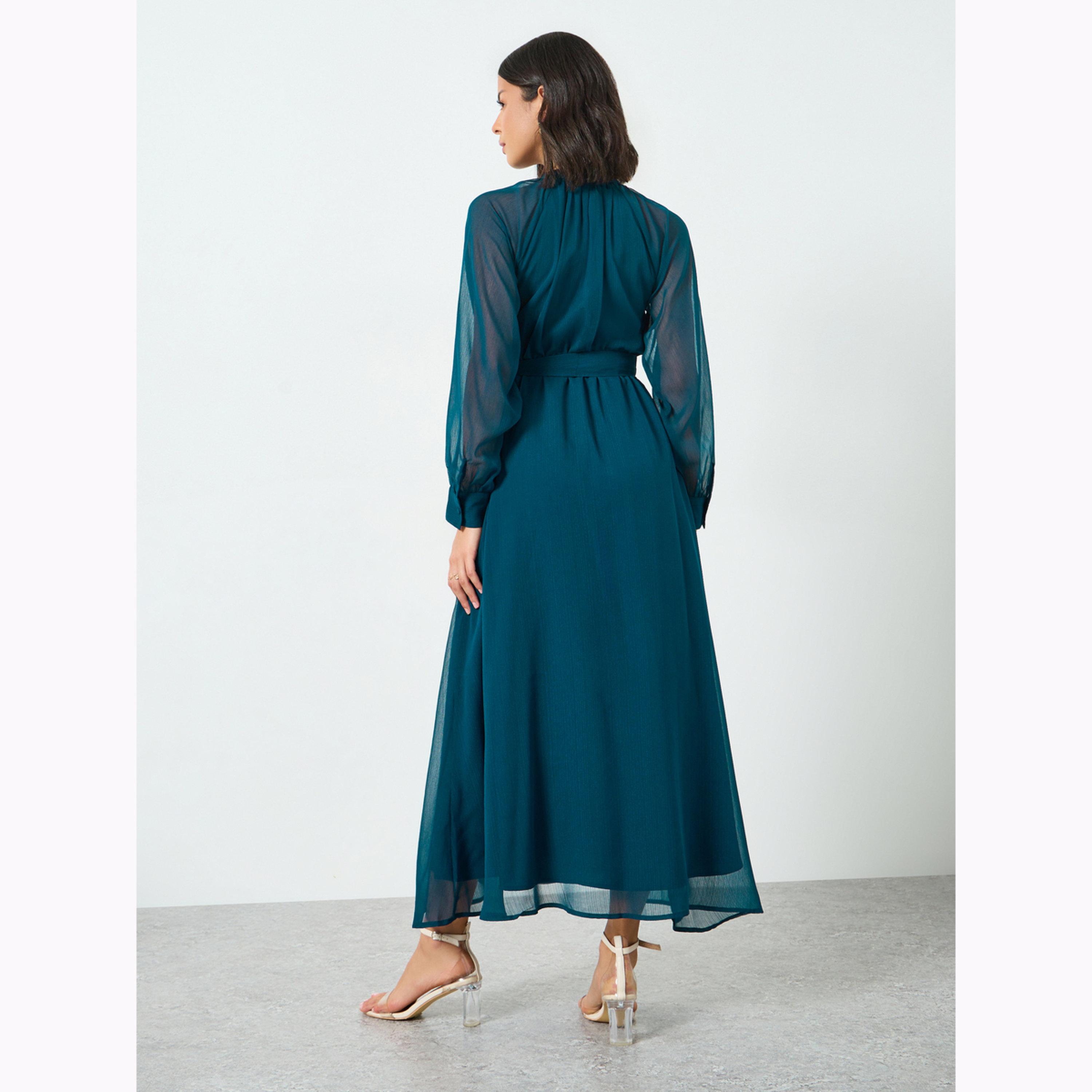 Styli Teal A-Line Maxi Dress with Tie-Up Belt-women-clothing-dresses-image-4