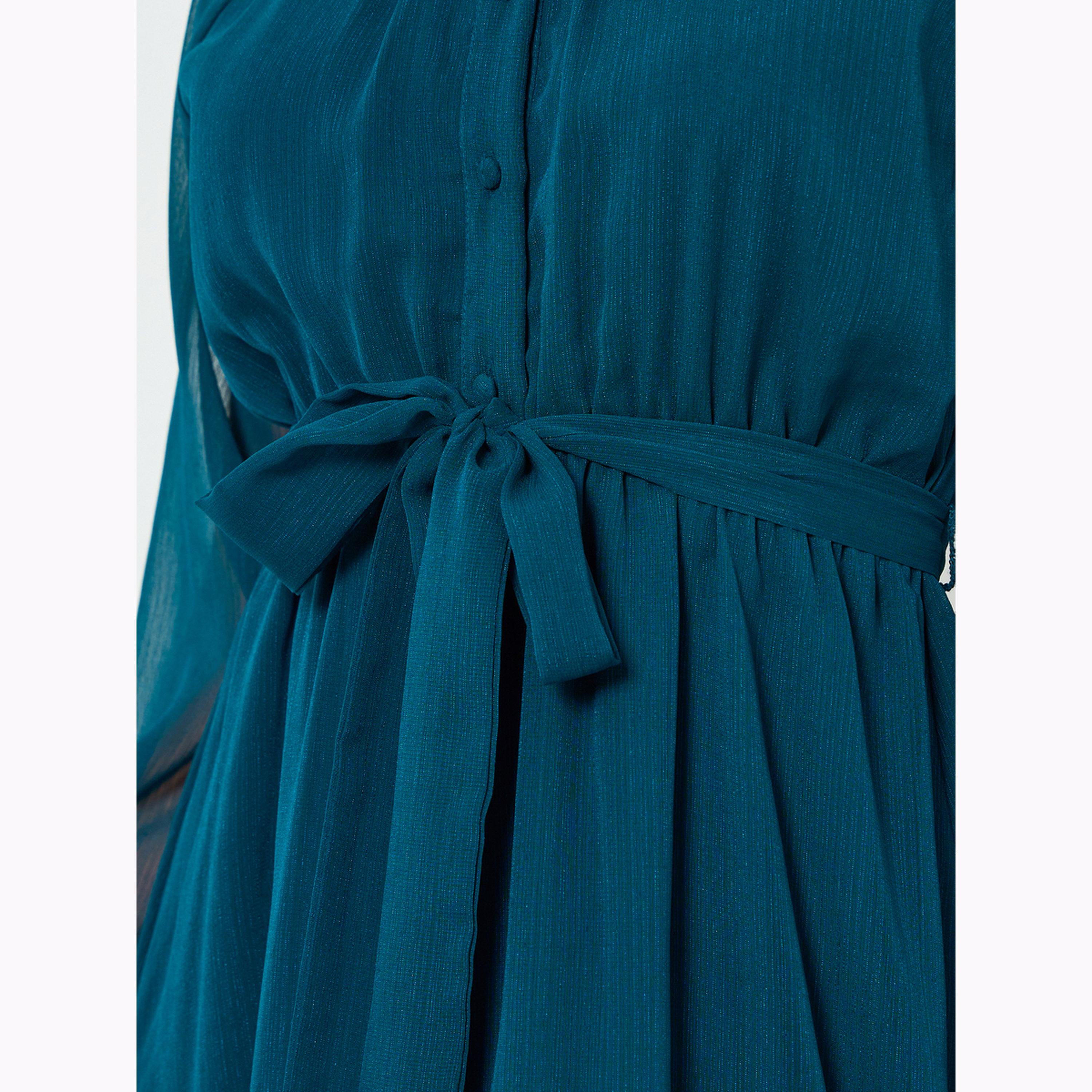 Styli Teal A-Line Maxi Dress with Tie-Up Belt-women-clothing-dresses-image-5