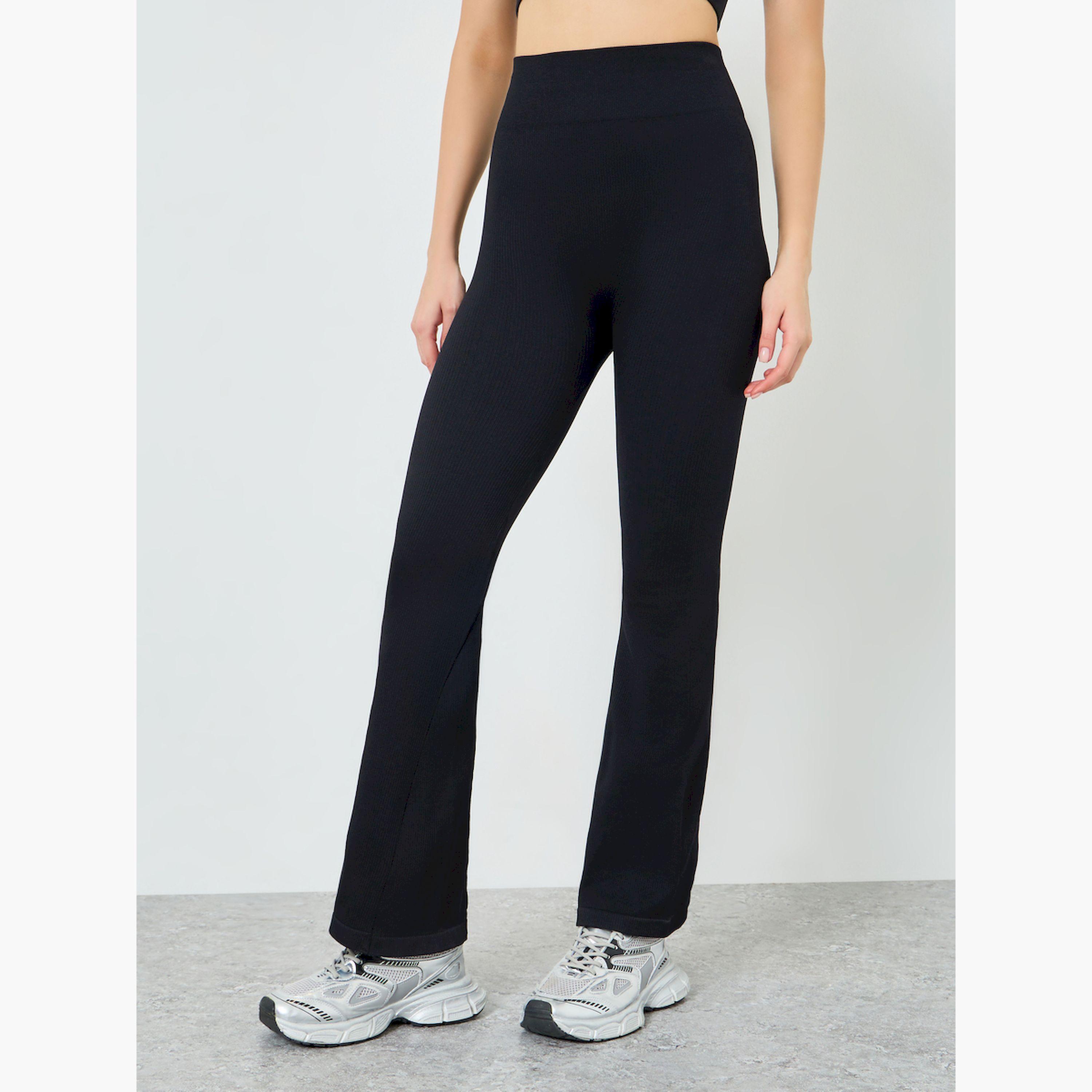 ليقنز أسود سادة منسوج بقصة واسعة من الأسفل-women-clothing-bottoms-leggings-image-1