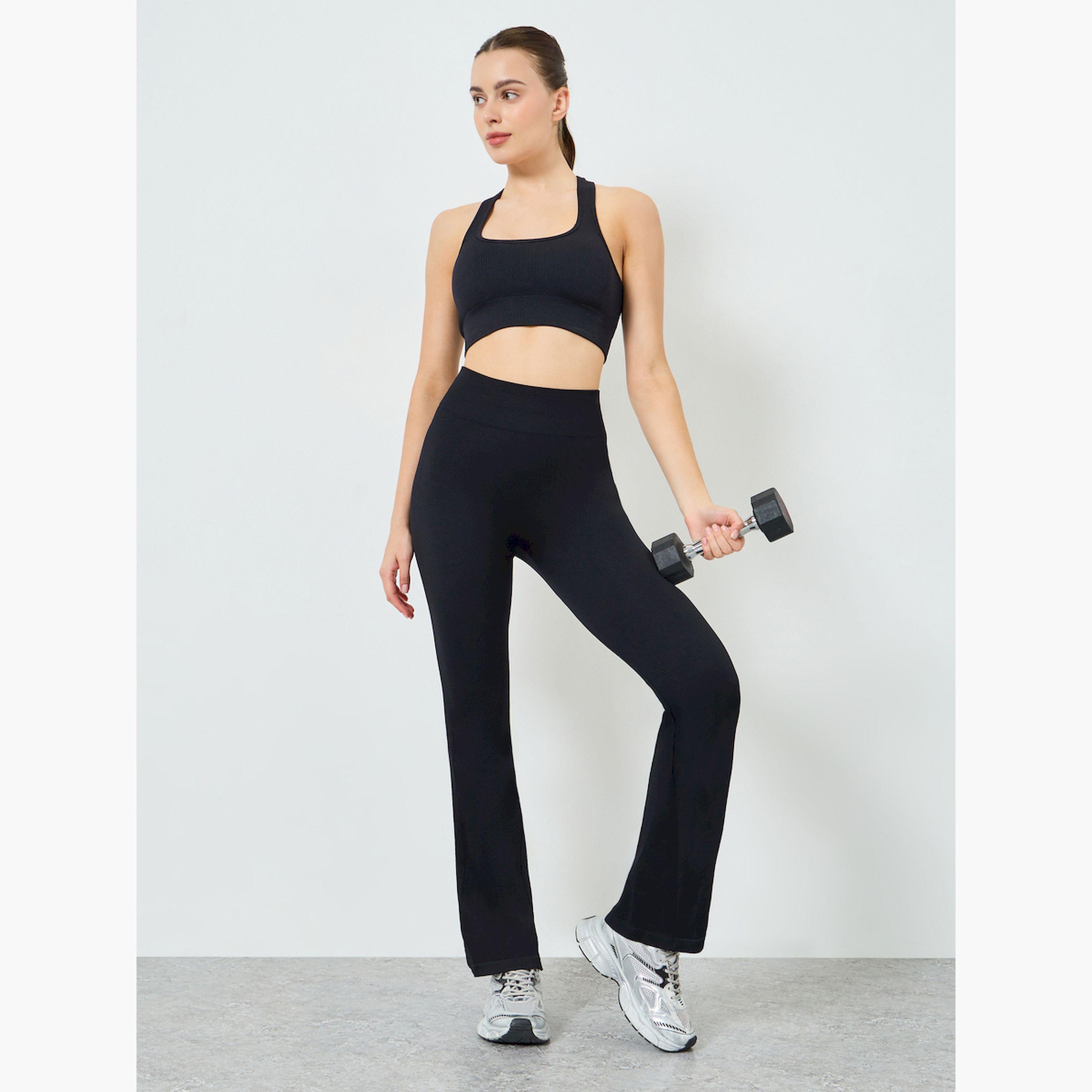 Styli Black Solid Textured Flare Leggings-women-clothing-bottoms-leggings-image-2