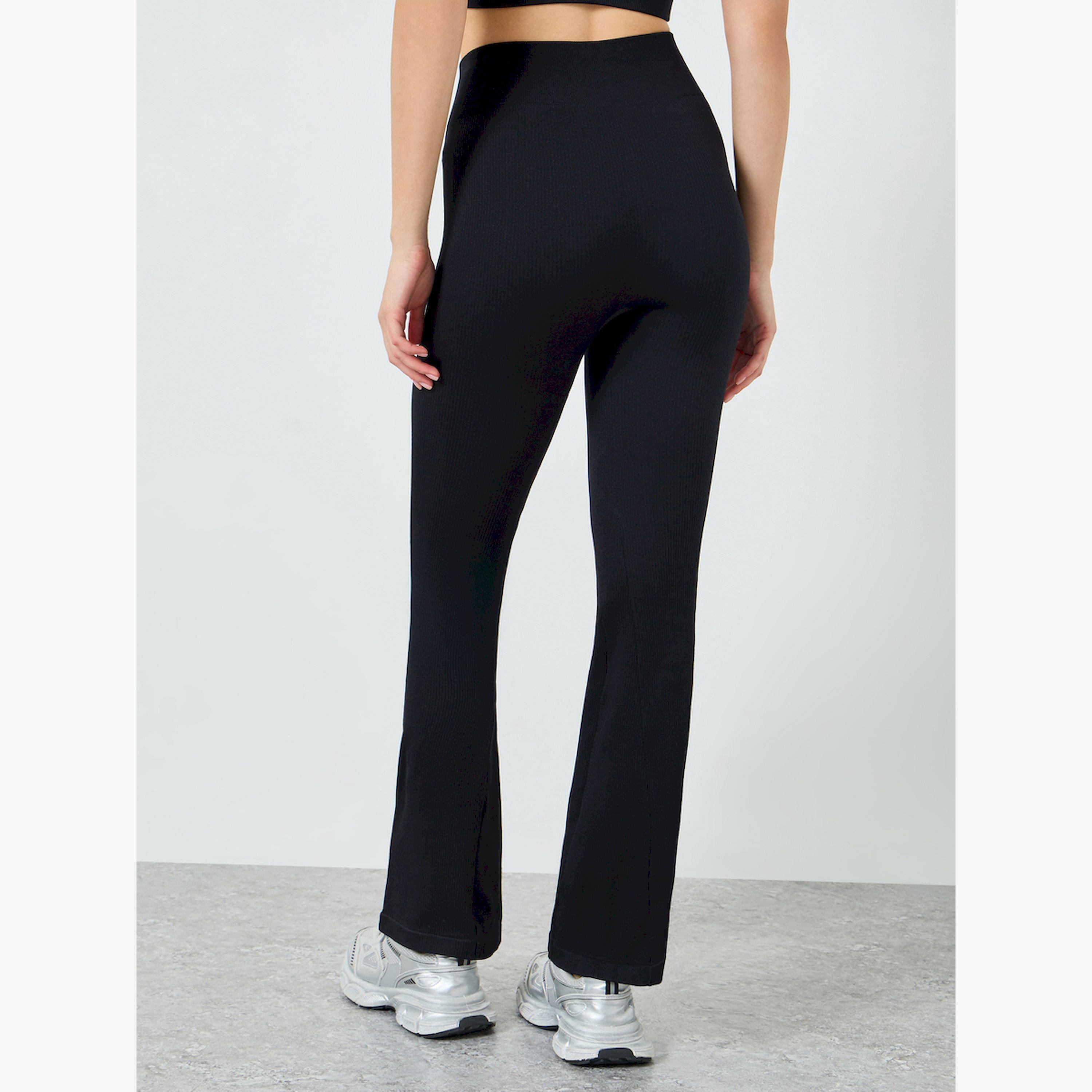 ليقنز أسود سادة منسوج بقصة واسعة من الأسفل-women-clothing-bottoms-leggings-image-4