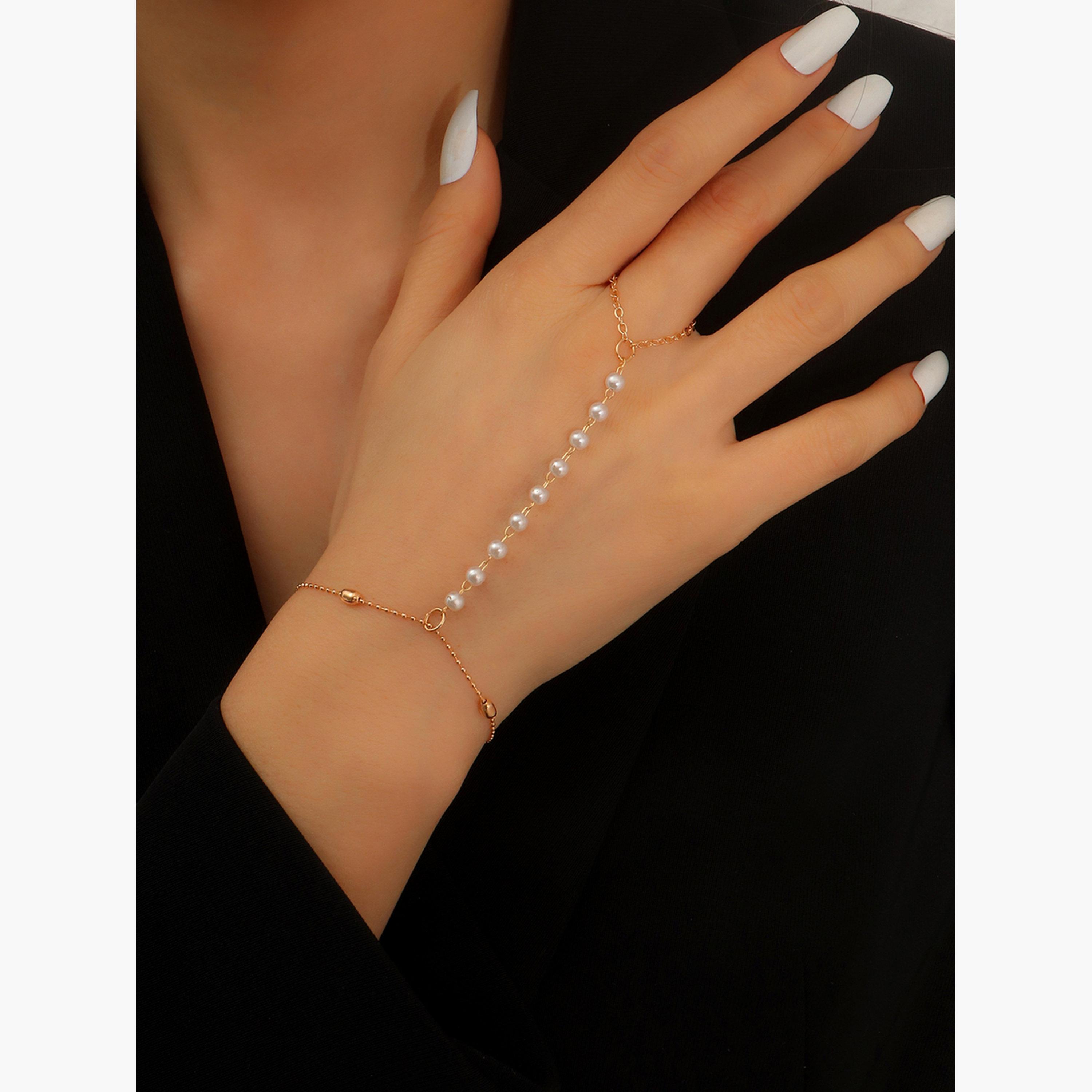 سوار يد سلسلة يد وخاتم مزين باللؤلؤ الصناعي-women-watchesandjewellery-jewellery-banglesandbracelets-image-2