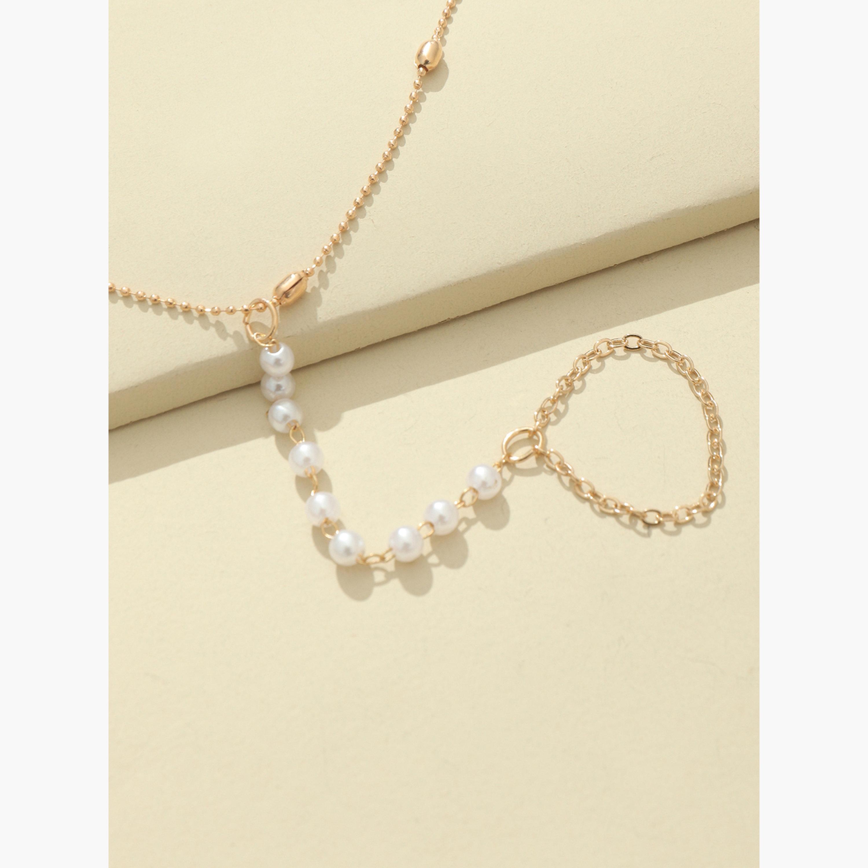 سوار يد سلسلة يد وخاتم مزين باللؤلؤ الصناعي-women-watchesandjewellery-jewellery-banglesandbracelets-image-3