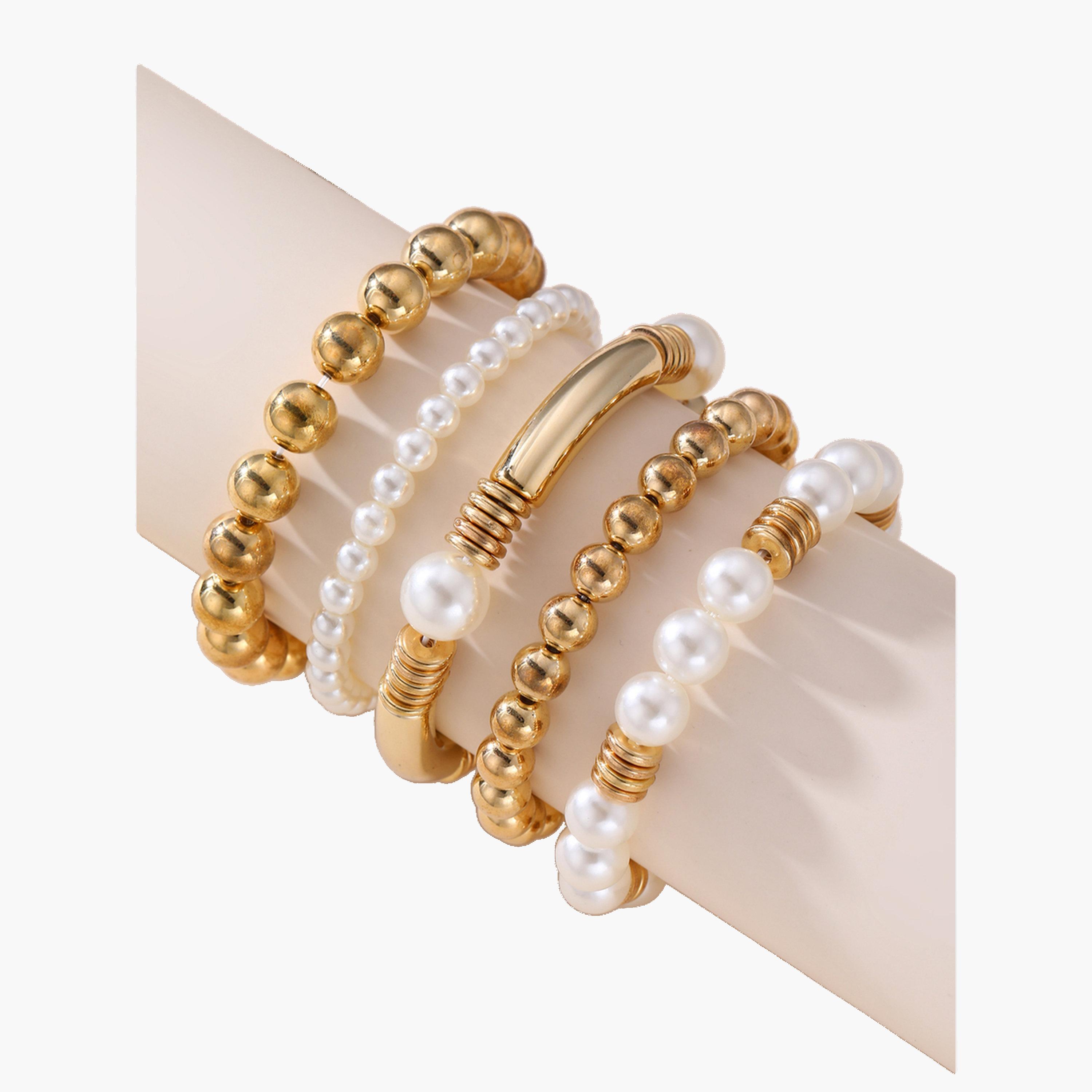 مجموعة من 5 أساور يد مزينة باللؤلؤ الصناعي والخرز-women-watchesandjewellery-jewellery-banglesandbracelets-image-1