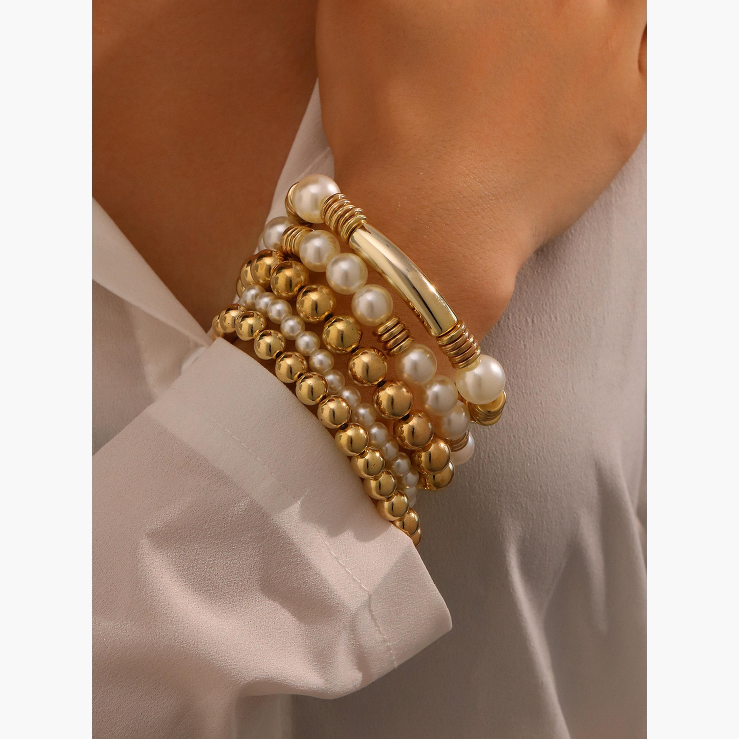 مجموعة من 5 أساور يد مزينة باللؤلؤ الصناعي والخرز-women-watchesandjewellery-jewellery-banglesandbracelets-image-2