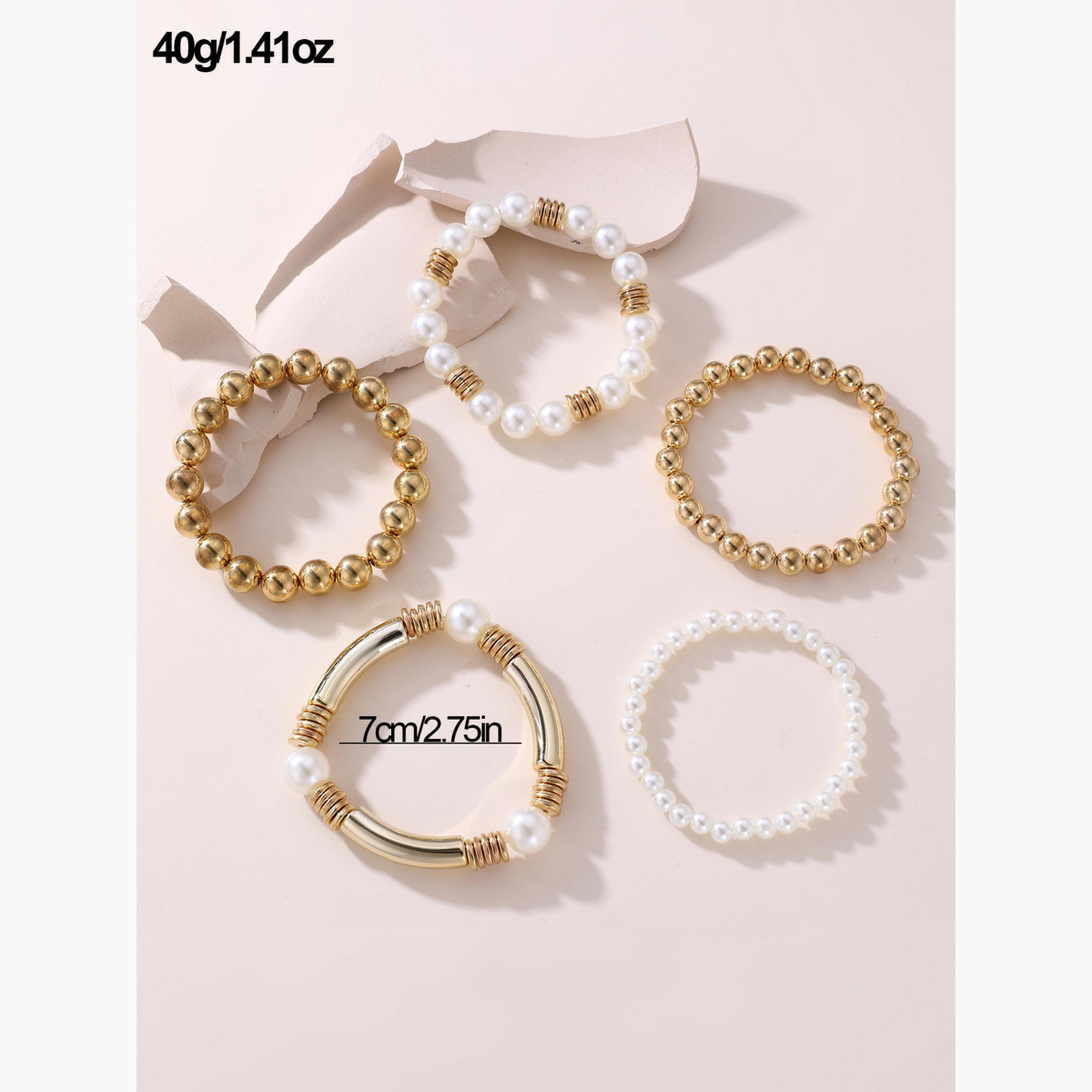 مجموعة من 5 أساور يد مزينة باللؤلؤ الصناعي والخرز-women-watchesandjewellery-jewellery-banglesandbracelets-image-6