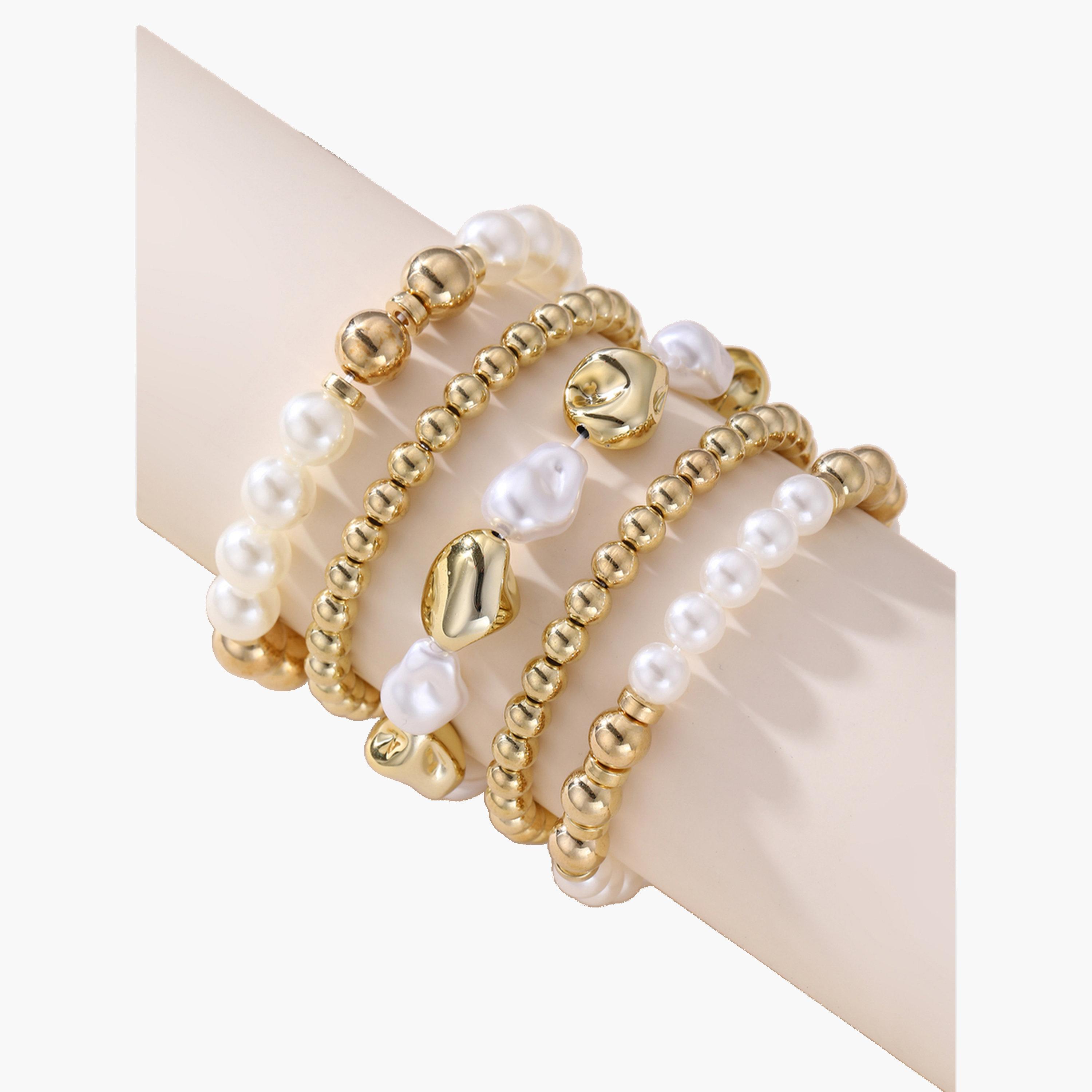 مجموعة من 5 أساور يد مزينة باللؤلؤ الصناعي والخرز-women-watchesandjewellery-jewellery-banglesandbracelets-image-1