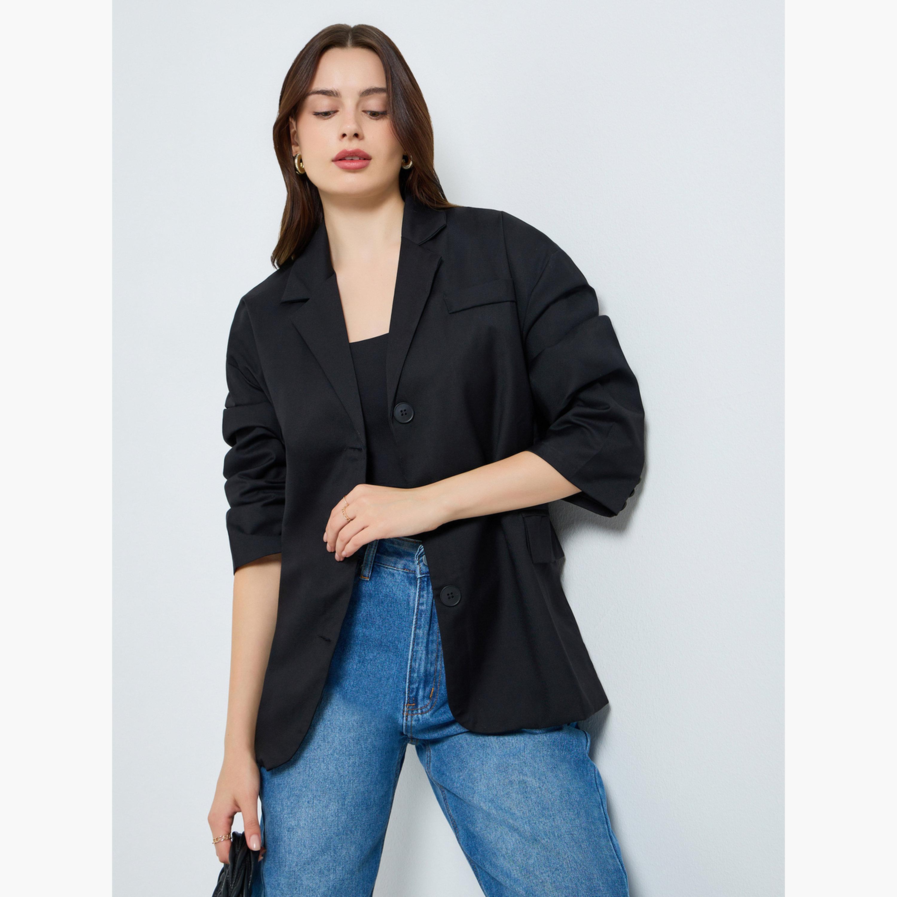 Styli Women Black Button-Front Blazer-women-clothing-coatsandjackets-blazers-image-1