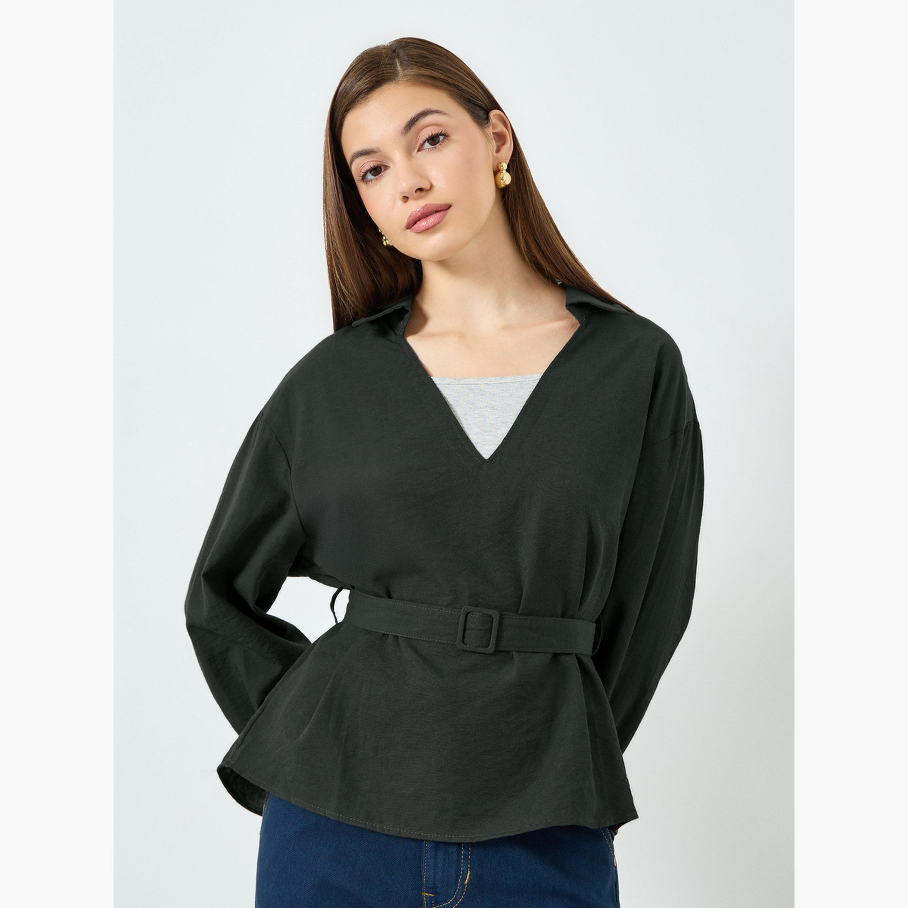 Styli Women Black Belted Long Sleeve Blouse-women-clothing-shirtsandblouses-blouses-image-1