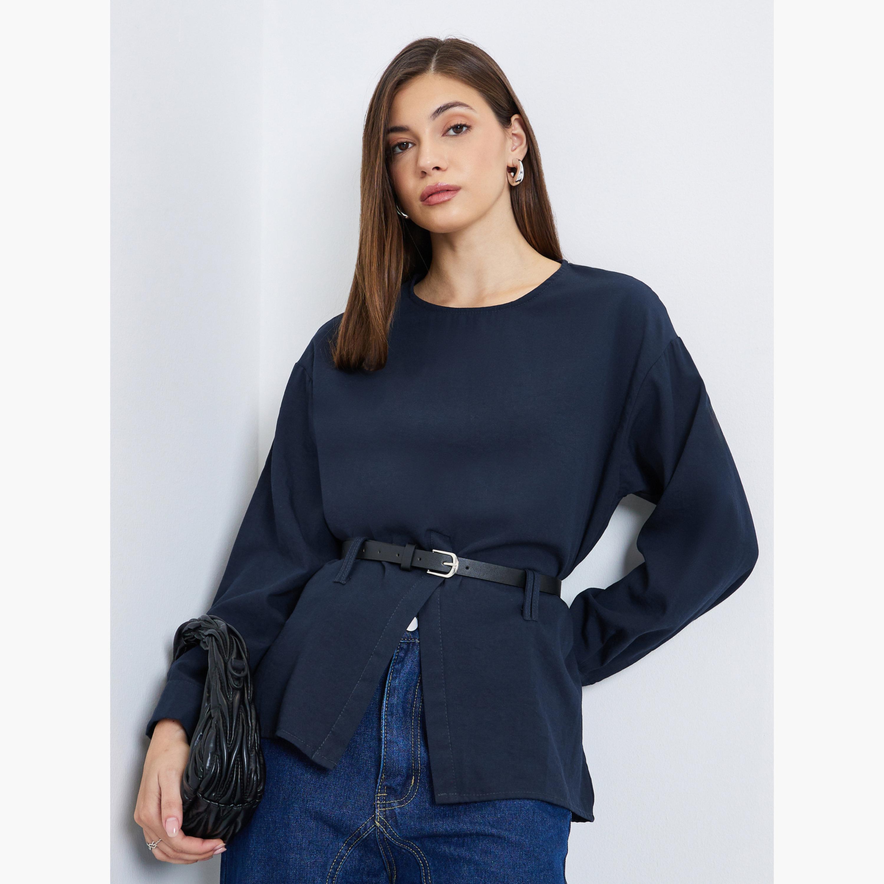 بلوزة بأكمام طويلة وحزام-women-clothing-shirtsandblouses-blouses-image-1