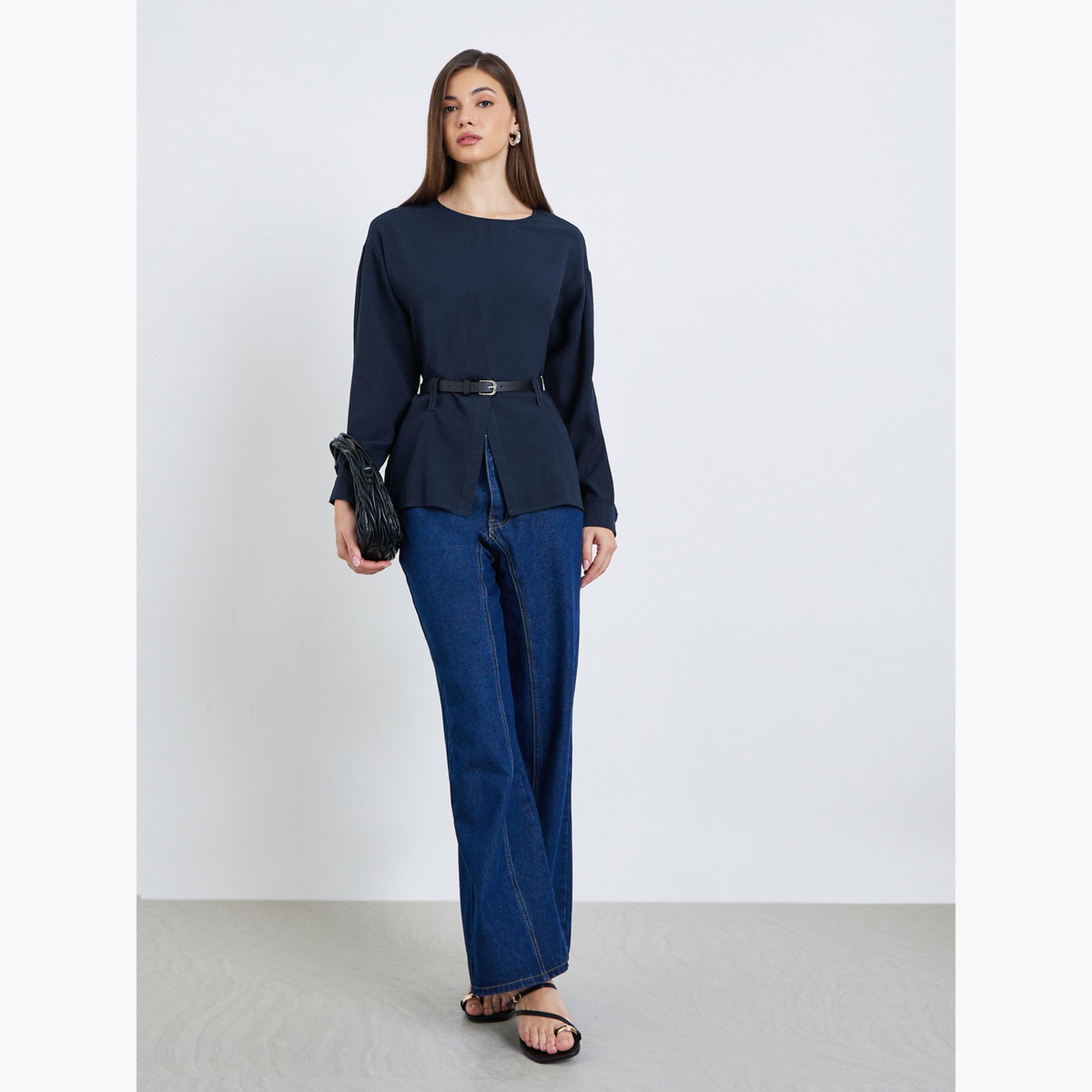 بلوزة بأكمام طويلة وحزام-women-clothing-shirtsandblouses-blouses-image-2