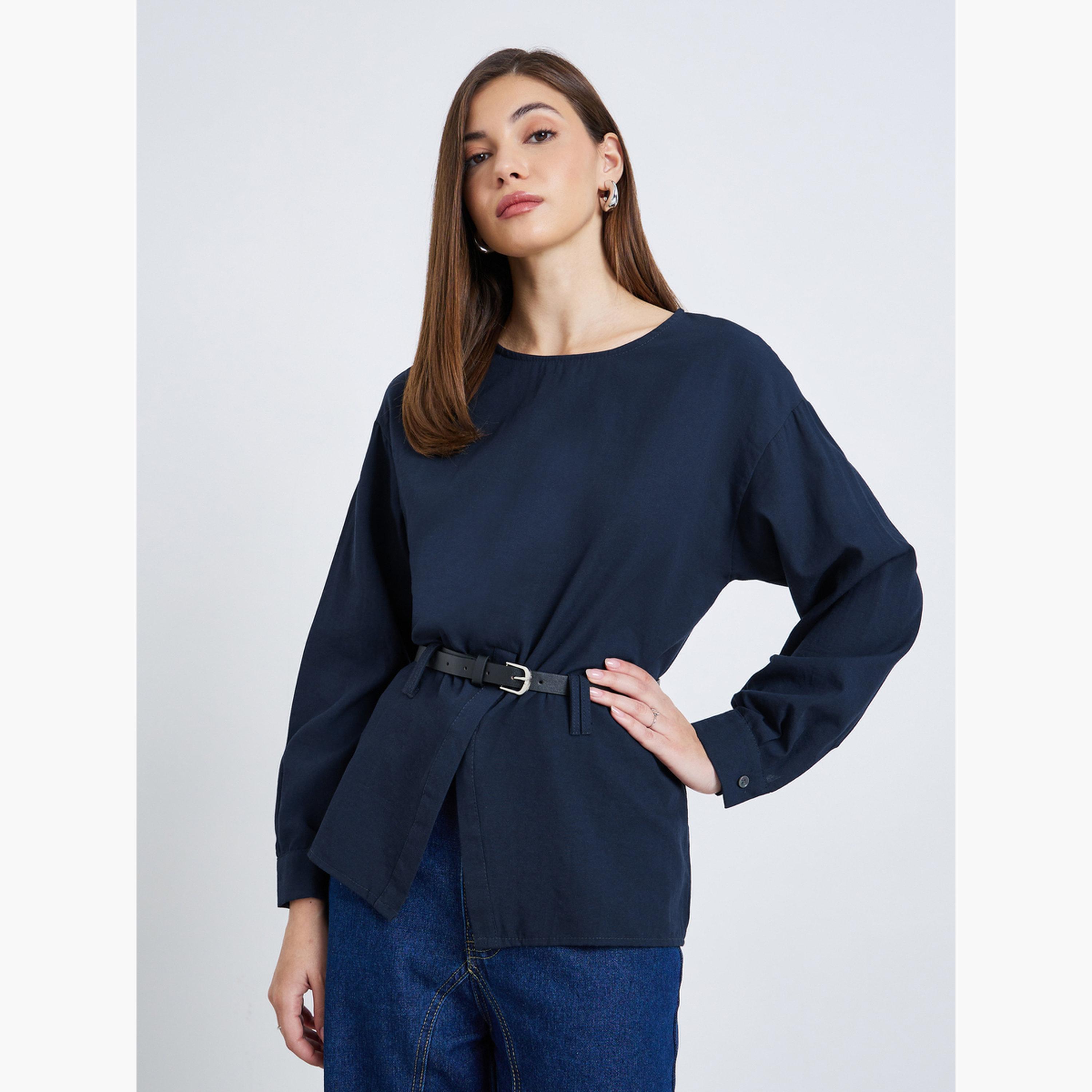 بلوزة بأكمام طويلة وحزام-women-clothing-shirtsandblouses-blouses-image-3