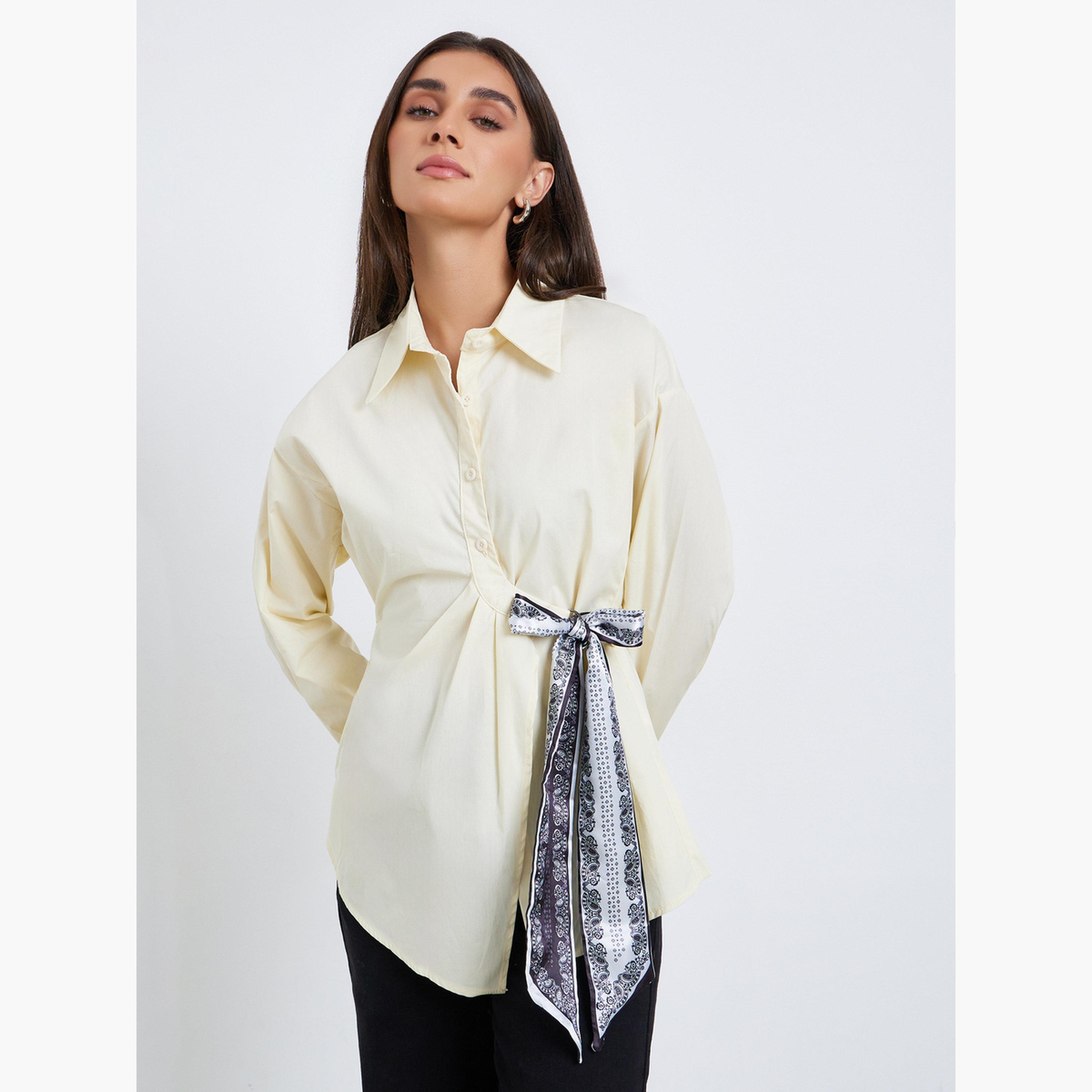 Styli Women Yellow Long Sleeve Shirt with Scarf Detail-women-clothing-shirtsandblouses-blouses-image-3