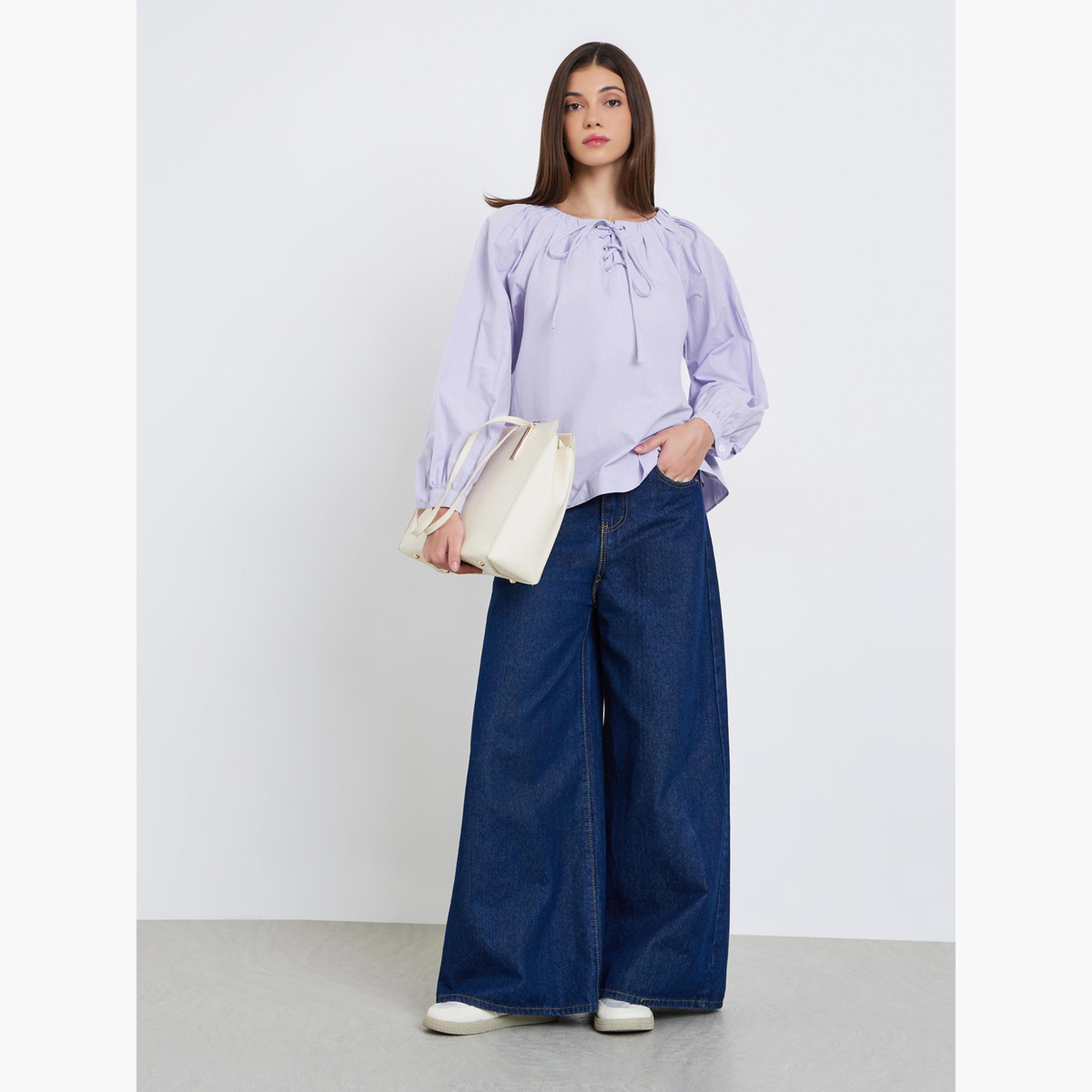 Styli Women Purple Lace-Up Long Sleeve Blouse-women-clothing-shirtsandblouses-blouses-image-2