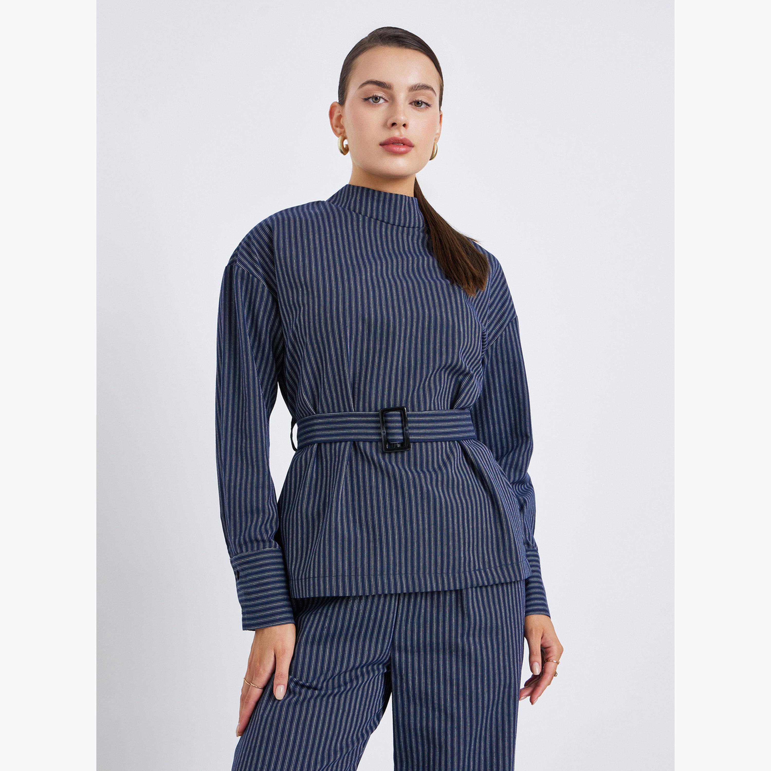 طقم منسق من بنطال وبلوزة مخططة بياقة قائمة مع حزام-women-clothing-coordsets-image-2