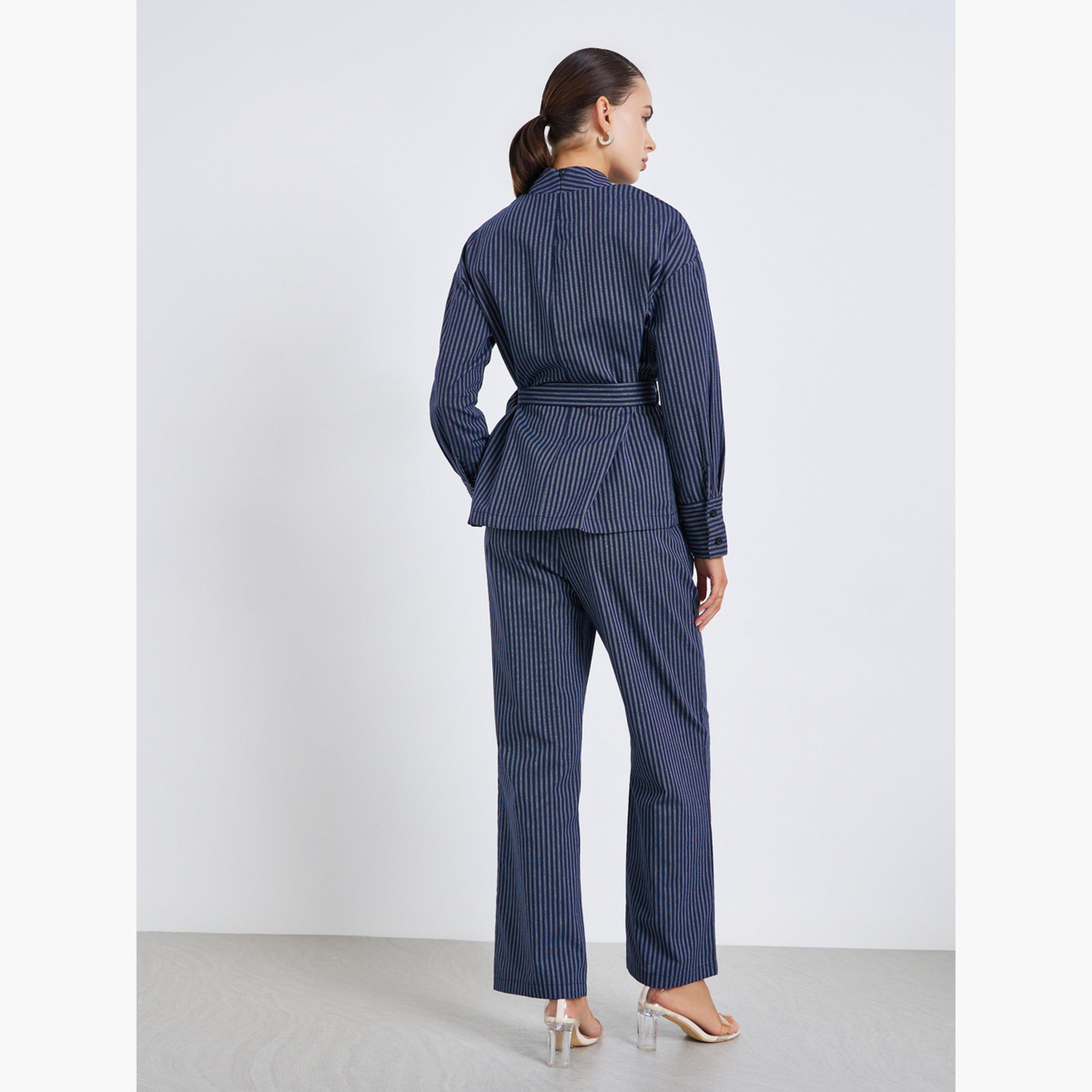 طقم منسق من بنطال وبلوزة مخططة بياقة قائمة مع حزام-women-clothing-coordsets-image-5