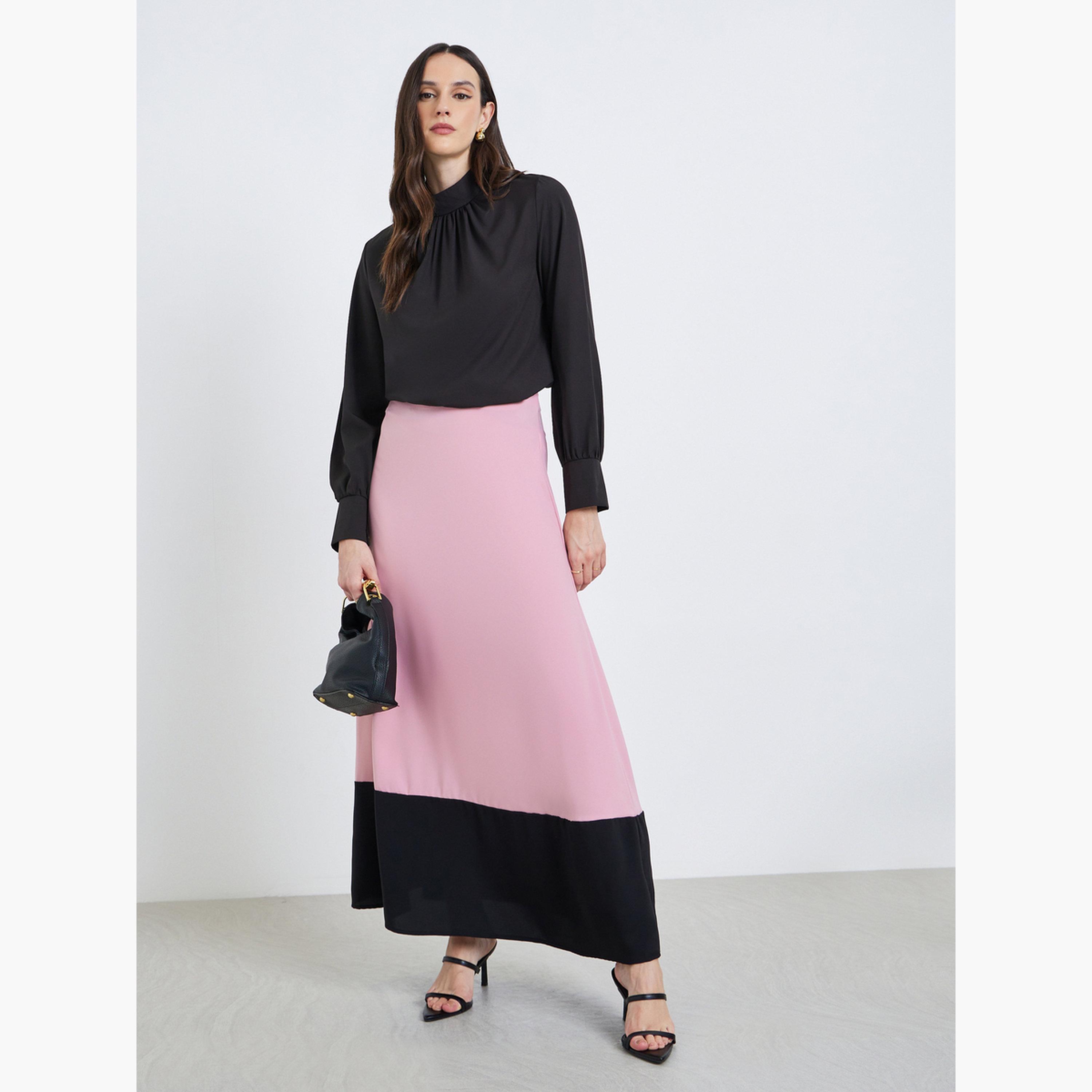 تنورة طويلة بنمط كتل الالوان وحواف متباينة-women-clothing-bottoms-skirts-image-2