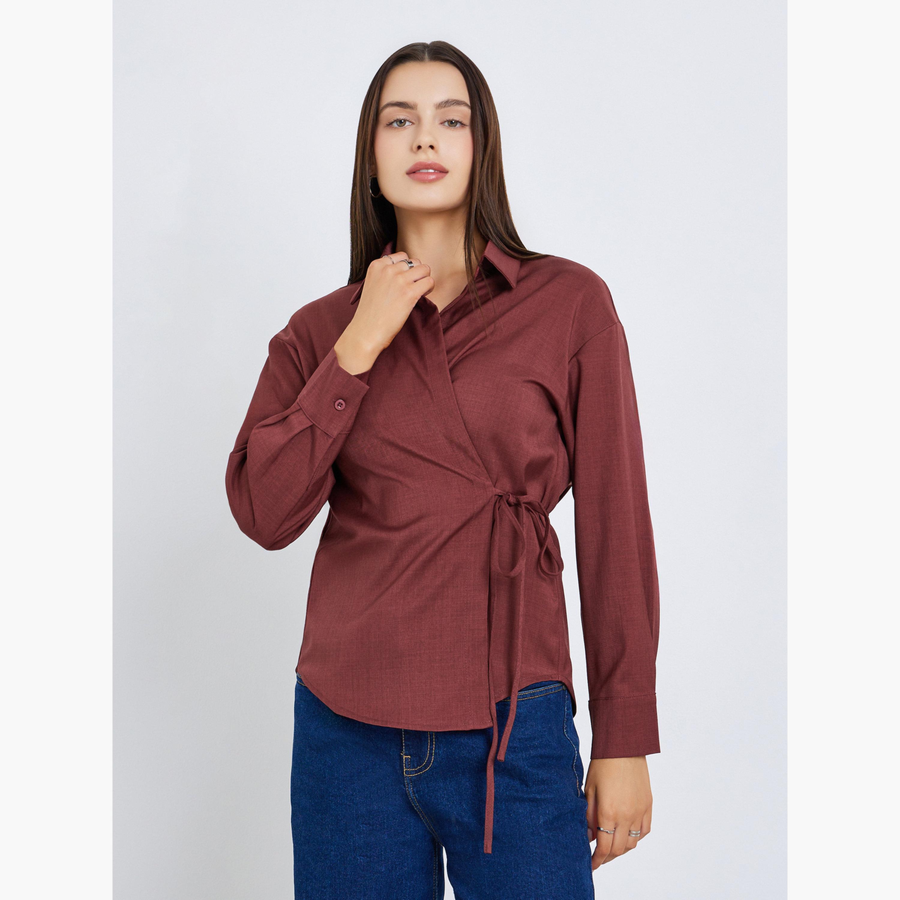 Styli Women Brown Solid Wrap Oversize Shirt-women-clothing-shirtsandblouses-blouses-image-1