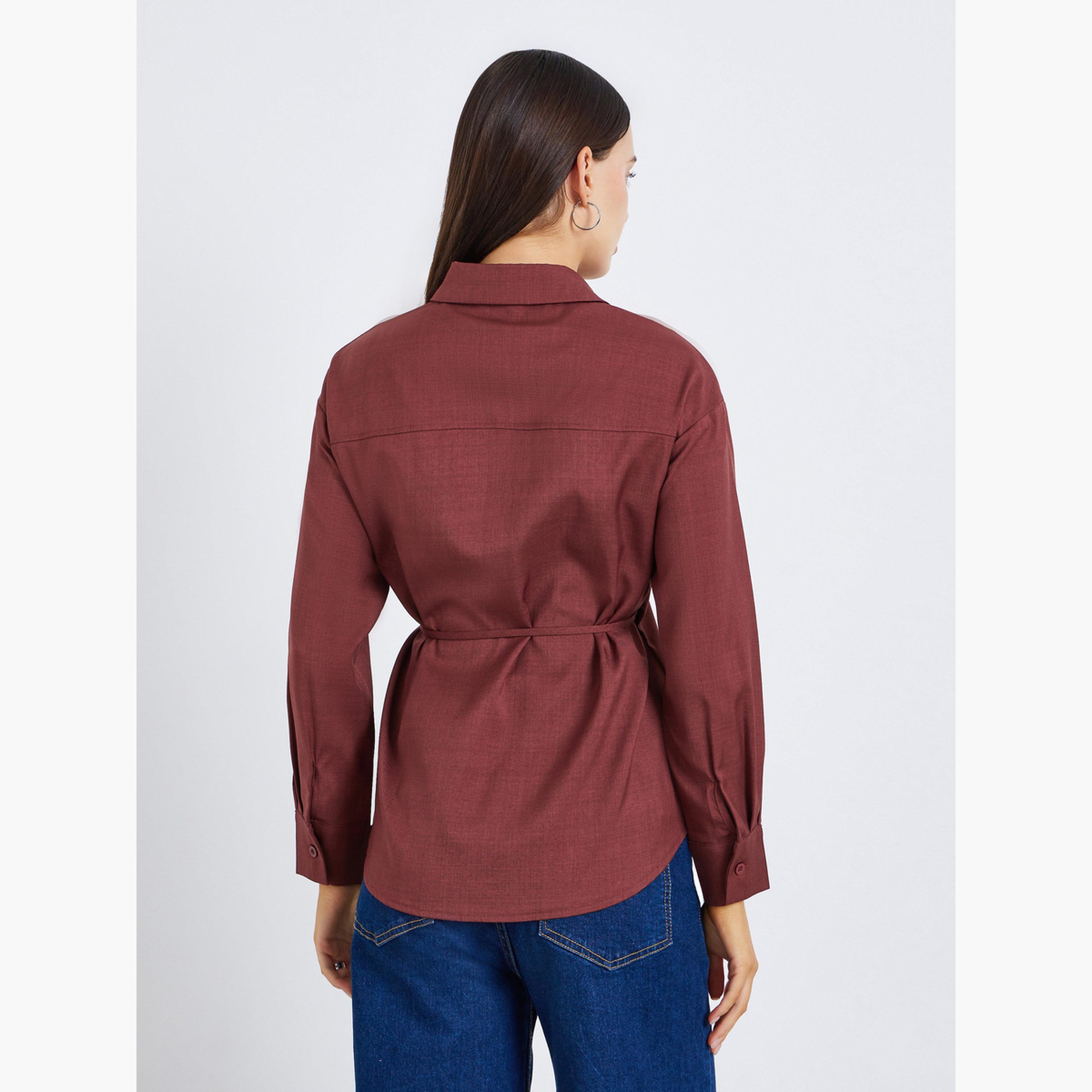 Styli Women Brown Solid Wrap Oversize Shirt-women-clothing-shirtsandblouses-blouses-image-4