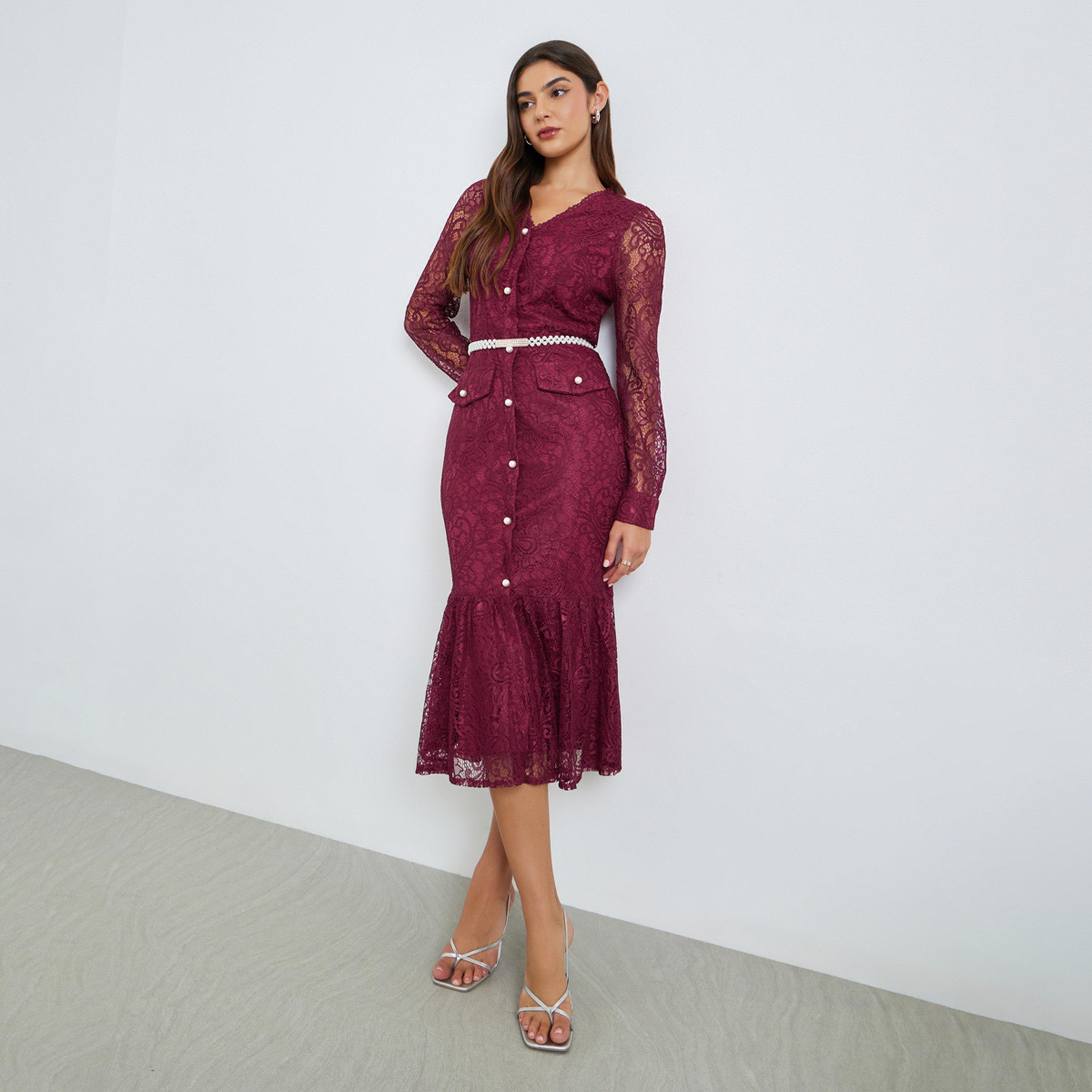 Styli Burgundy Lace Mermaid Hem Midi Dress-women-clothing-dresses-image-1