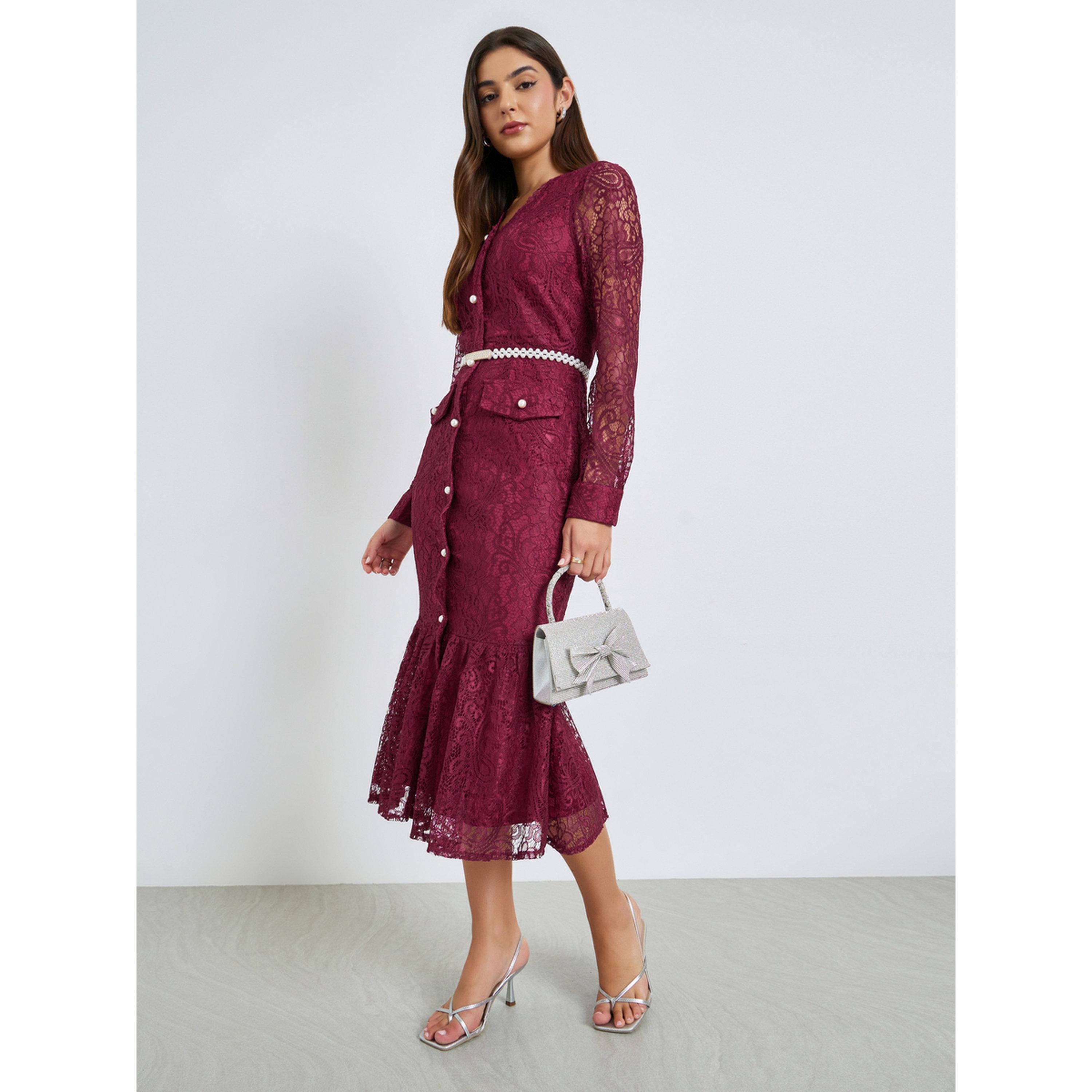 Styli Burgundy Lace Mermaid Hem Midi Dress-women-clothing-dresses-image-3