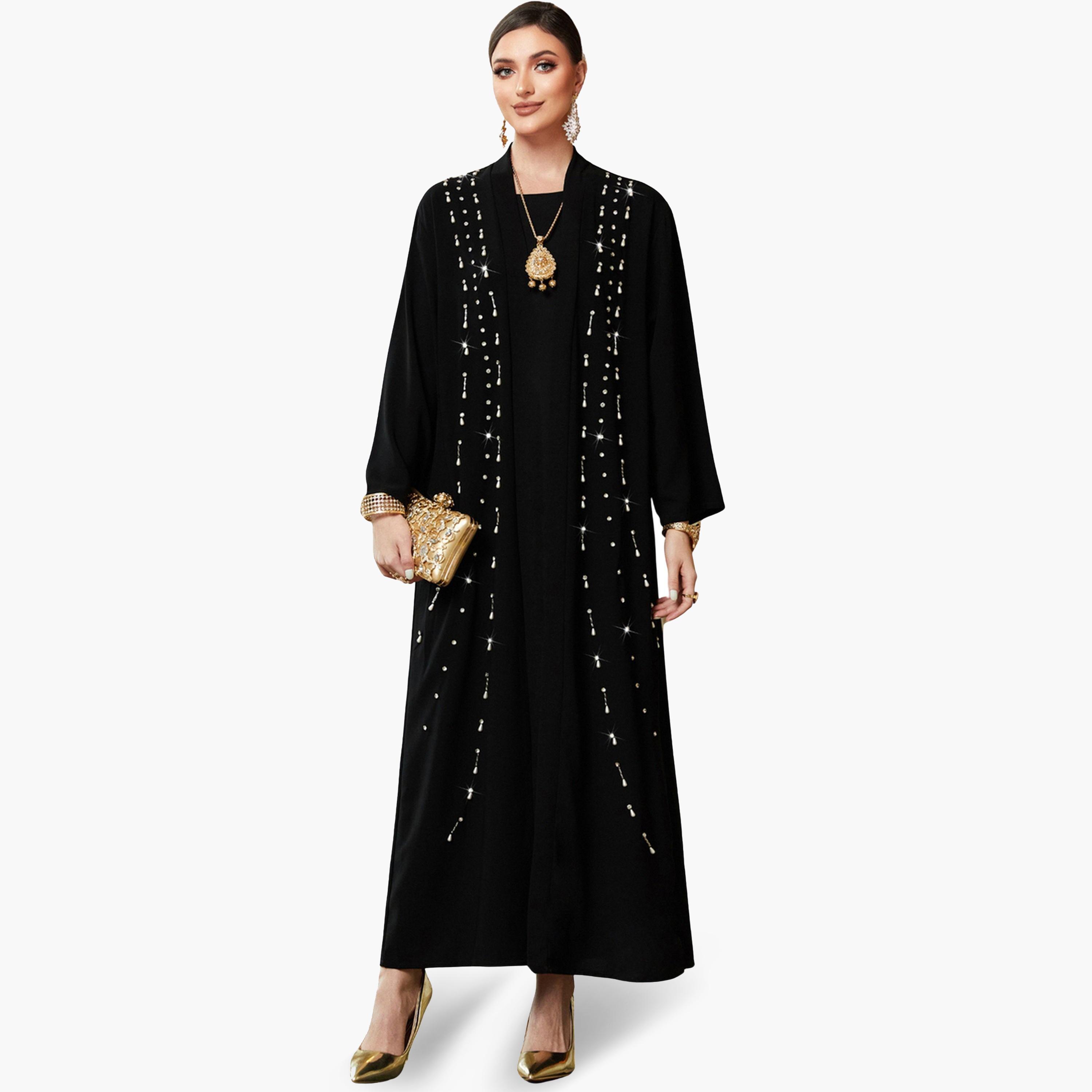 Take Two Women Black Rhinestone Embellished Long Sleeve Abaya-women-arabicclothing-abayas-image-1
