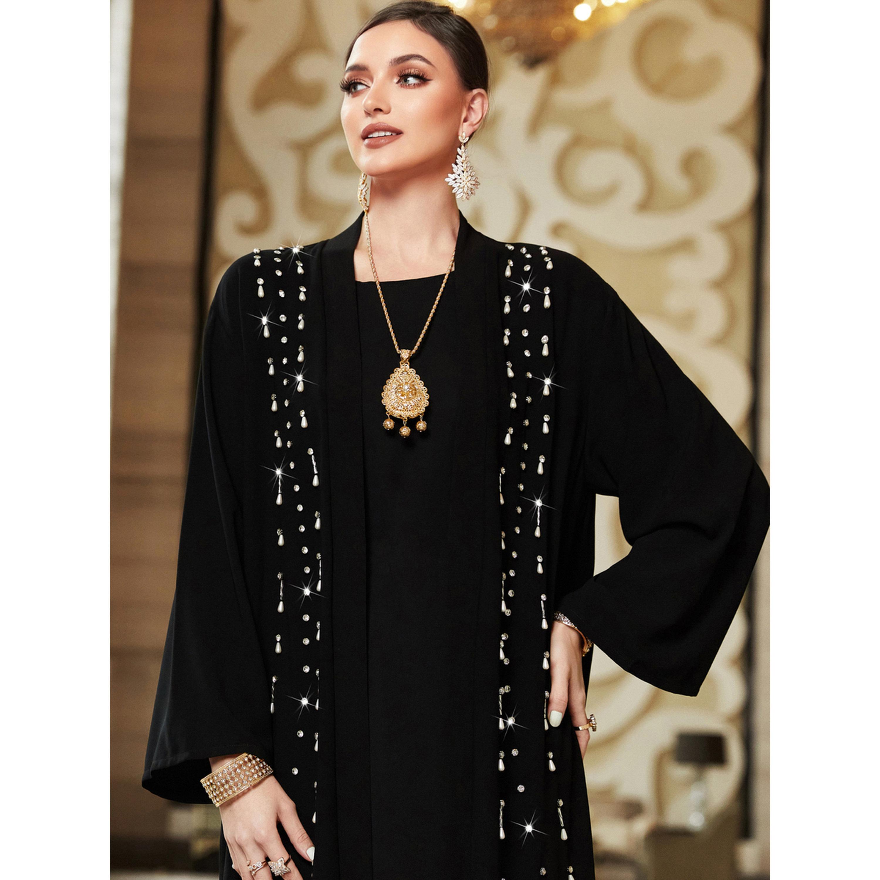 Take Two Women Black Rhinestone Embellished Long Sleeve Abaya-women-arabicclothing-abayas-image-5